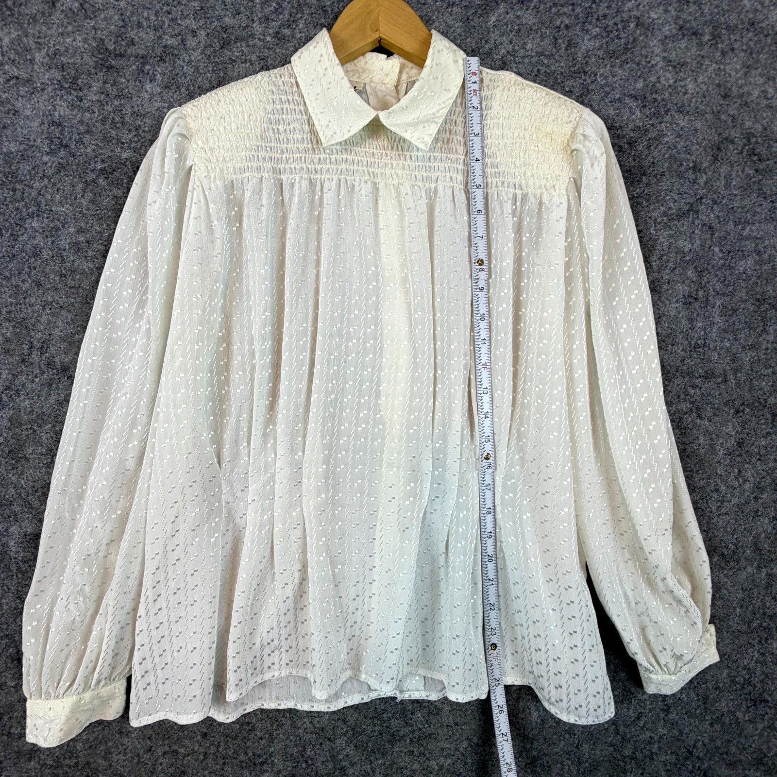 Vintage Nilani Blouse Womens 10 White Sheer Secretary Career Textured Collared