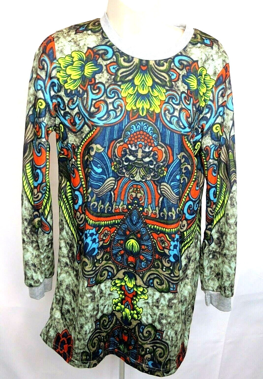Women’s DNS Tunic Top Sz XL Asian Foo Dog Design Graphic Long SL Crew Neck EUC