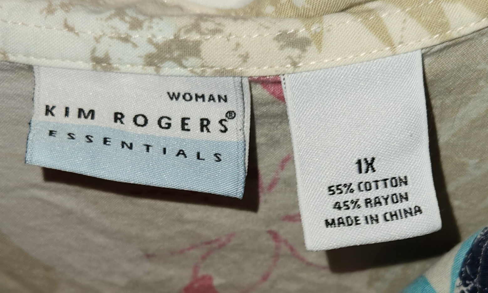 Kim Rogers Women’s Plus 1X Beige Floral Collared Short Sleeve Button-Up Top