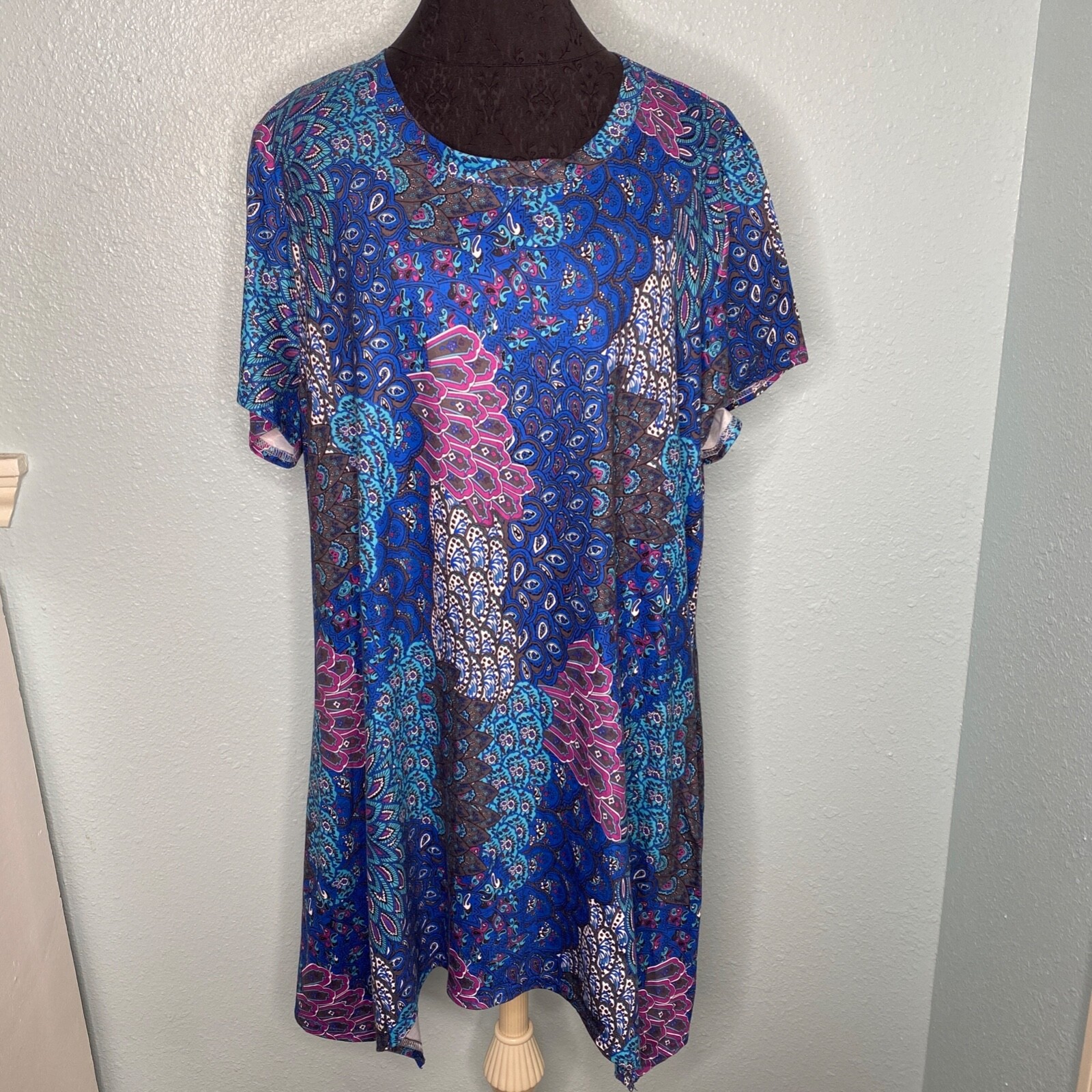Mirol Blouse Plus Size XXL Blue Short Sleeve Kint Colorful Polyester Shirt Top