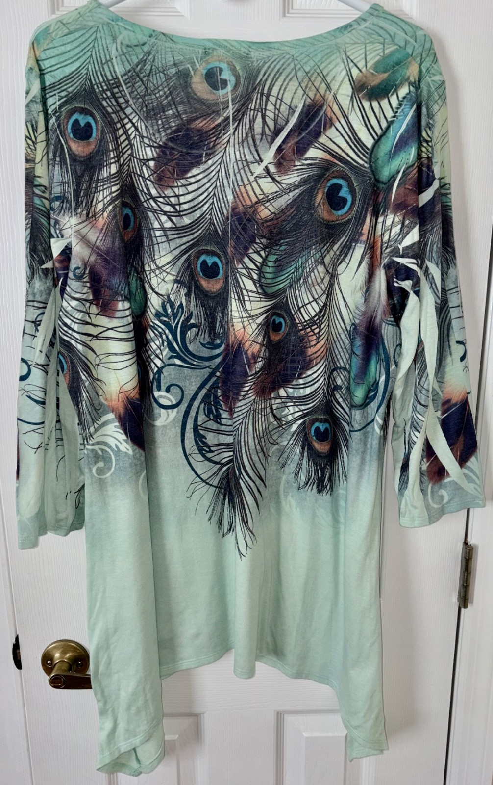Cal Style USA Peacock Blouse, Boho, Green Palette, Handkerchief Hem, 2XL