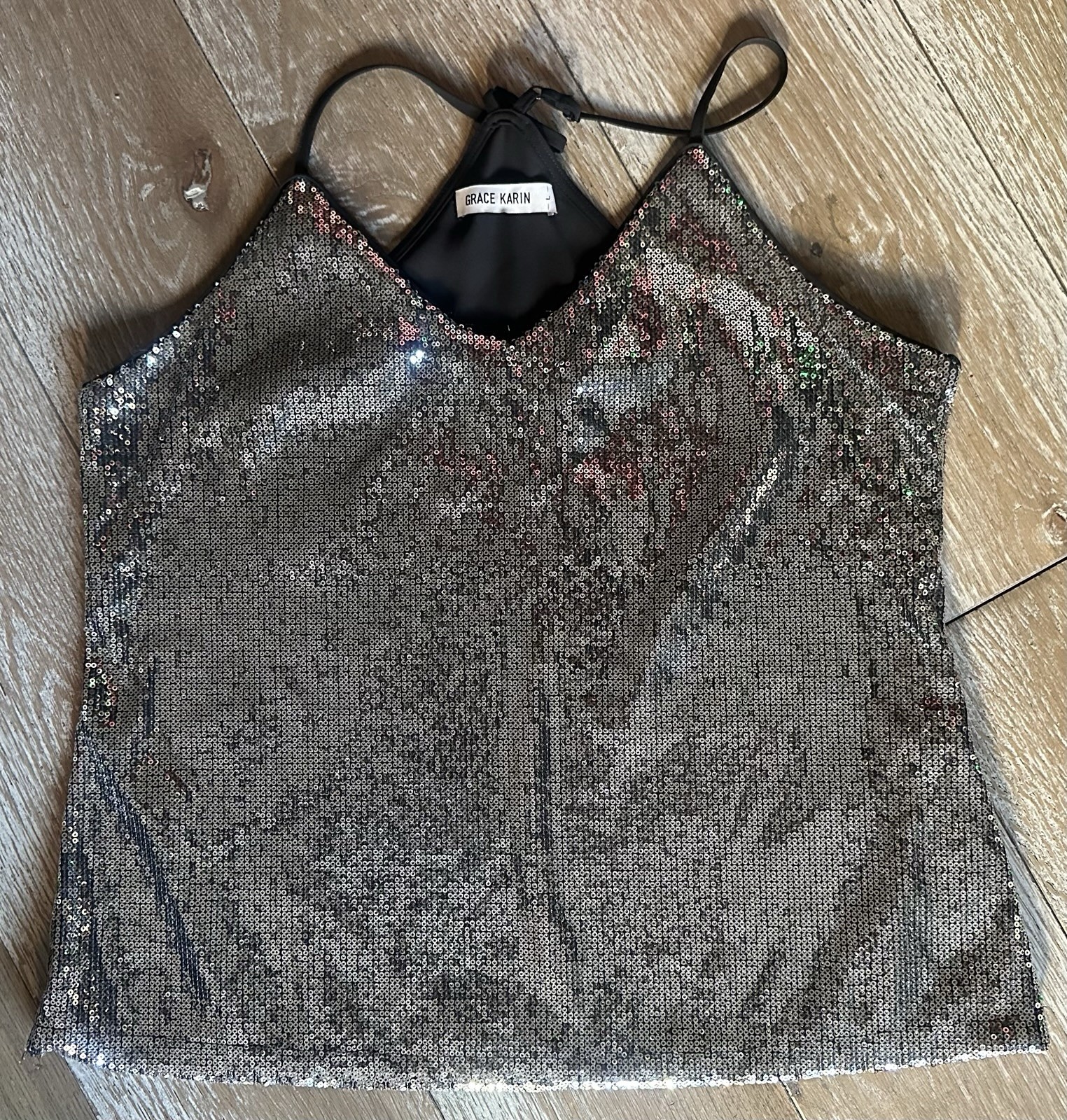 Grace Karin Silver Sequin Halter Cowl Neck Tank Top XL Y2K Party Club Lined