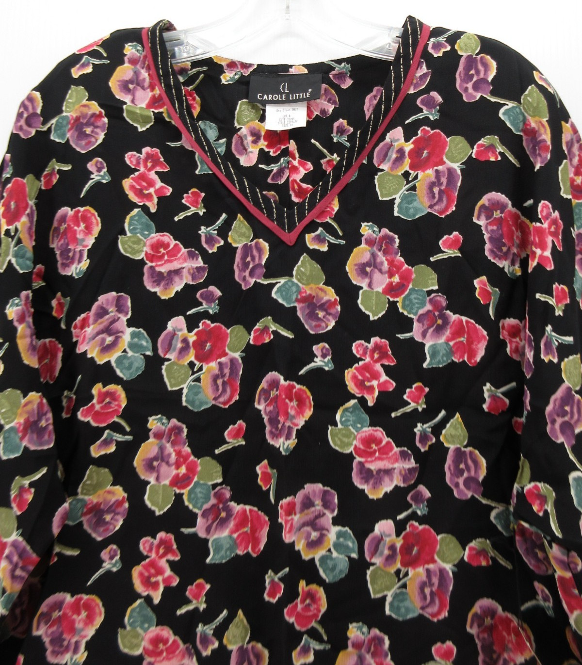 VINTAGE Carole Little Top Women 10 Black Blouse Floral Rayon Crepe 90s USA NEW