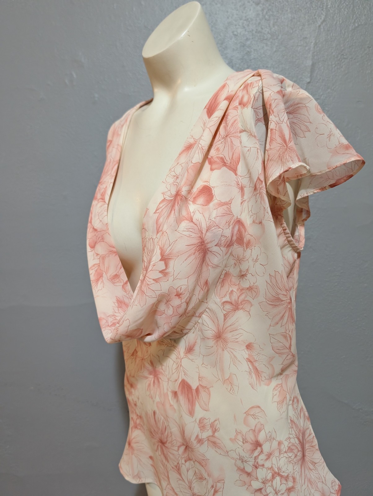 Vintage Cottage Core Top L Flower Print Pink White Deep Scoop Neck Flutter Fairy