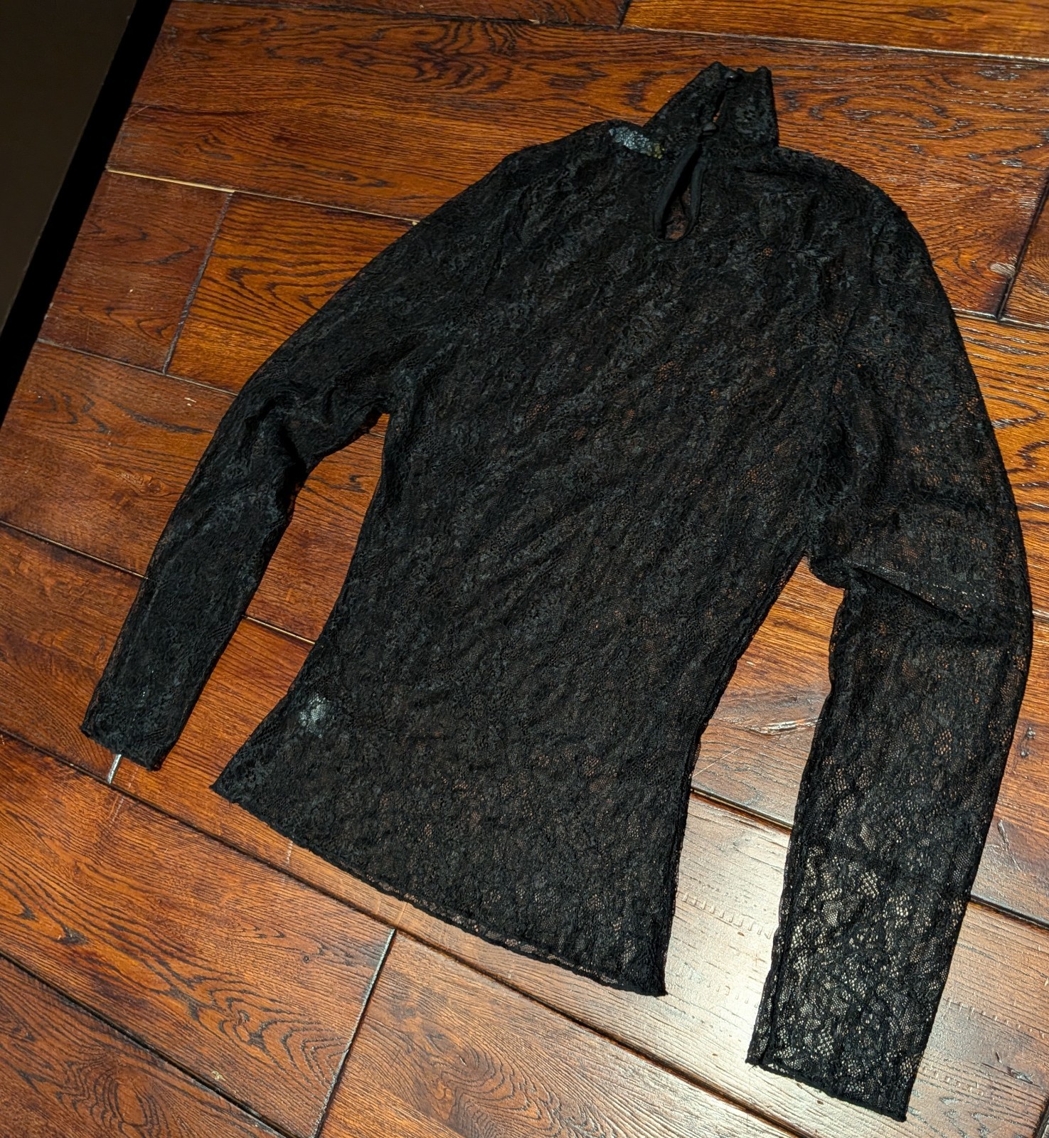 Finesse Women’s Lace Sheer Long Sleeve Top in Black Size Medium