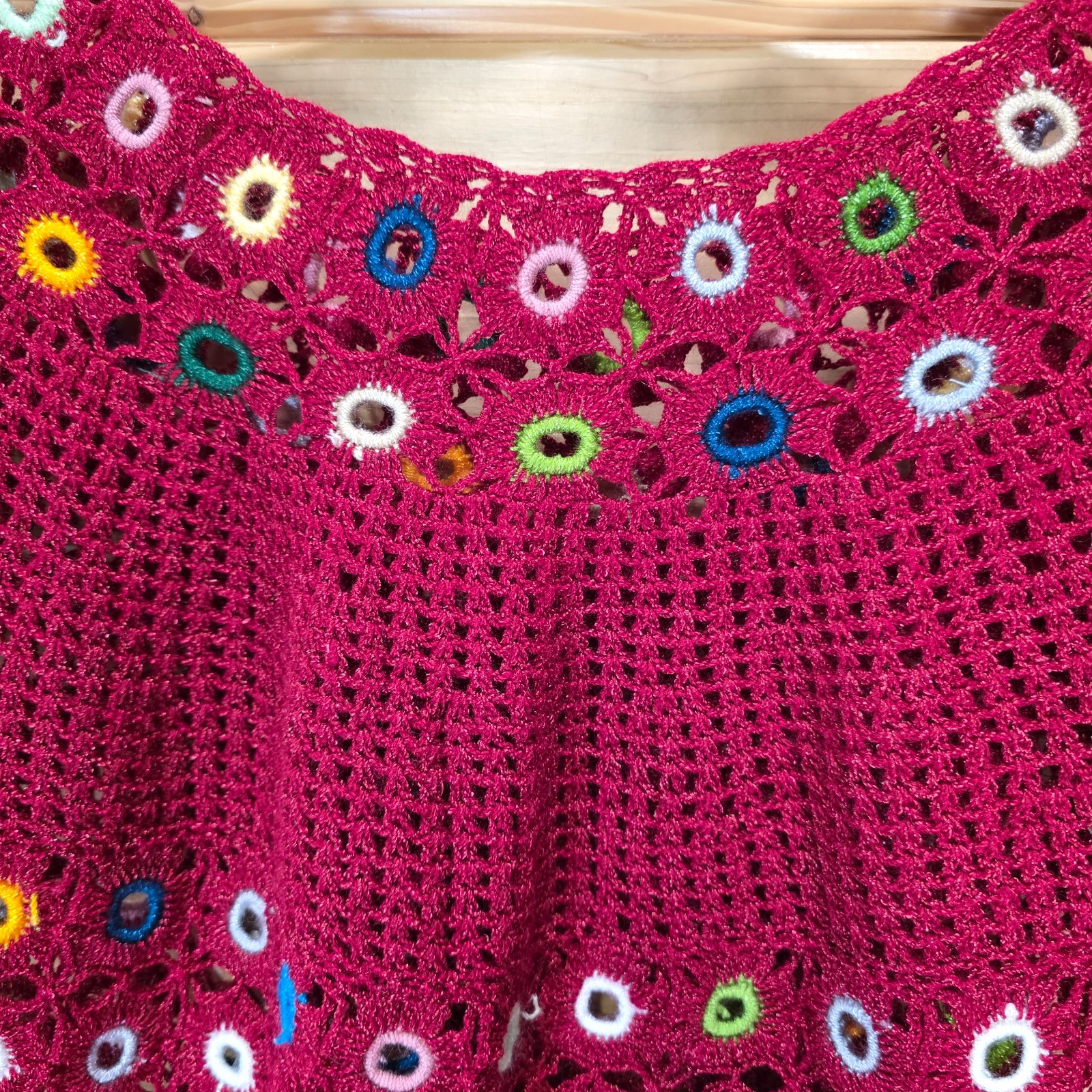 Handmade Crochet Knit Top Openwork Boho Short Sleeve Top Multicolor Floral Ring