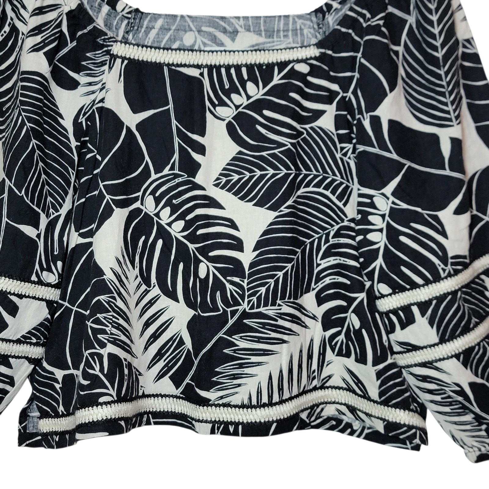 Cynthia Rowley Tropical Palm Print Black White Linen Blend 3/4 Sleeve Top S