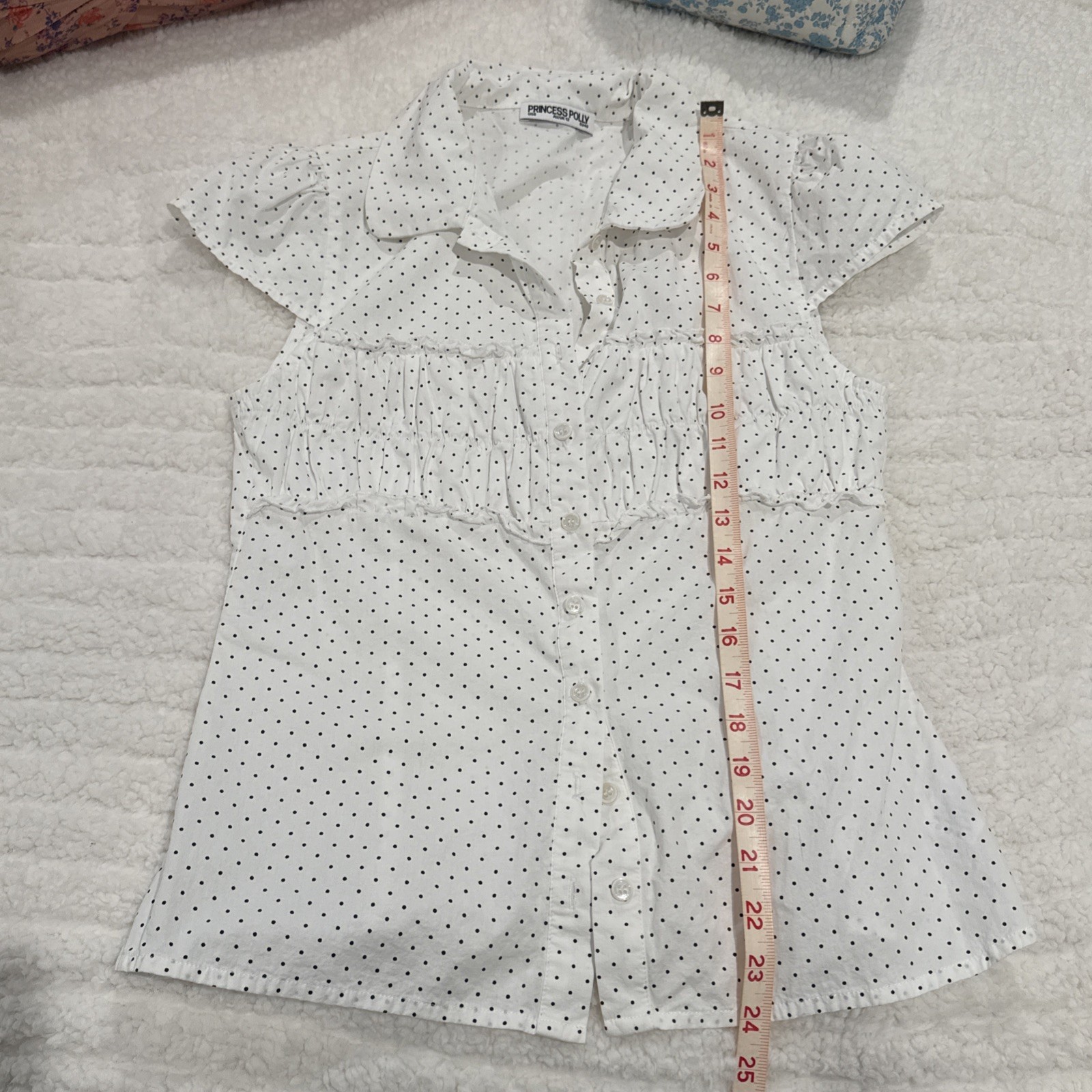 Princess Polly White Polka Dot Lyzbeth Button Collar Shirt 8 Ruched Office Siren