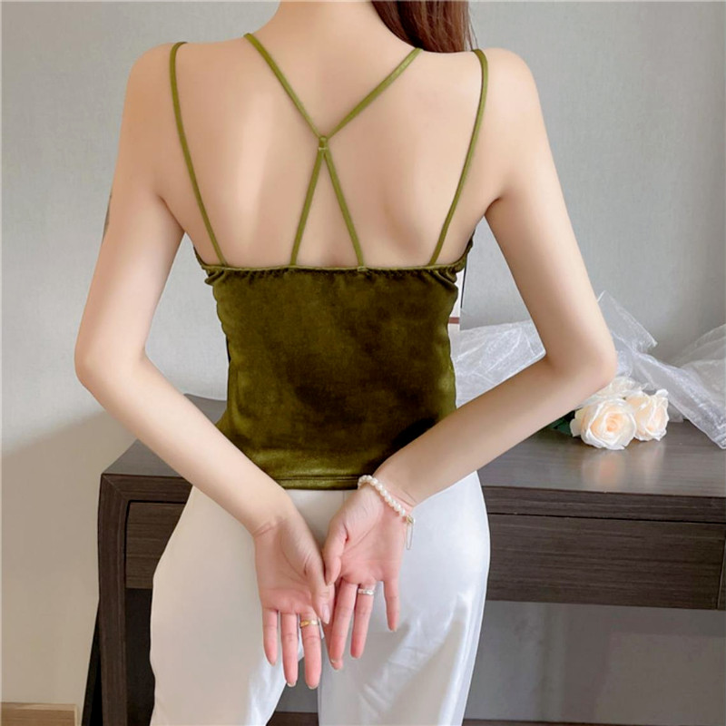 Lady Velvet Halter Camisole Tank Bustier Bra Vest Crop Top Slim Spaghetti Strap