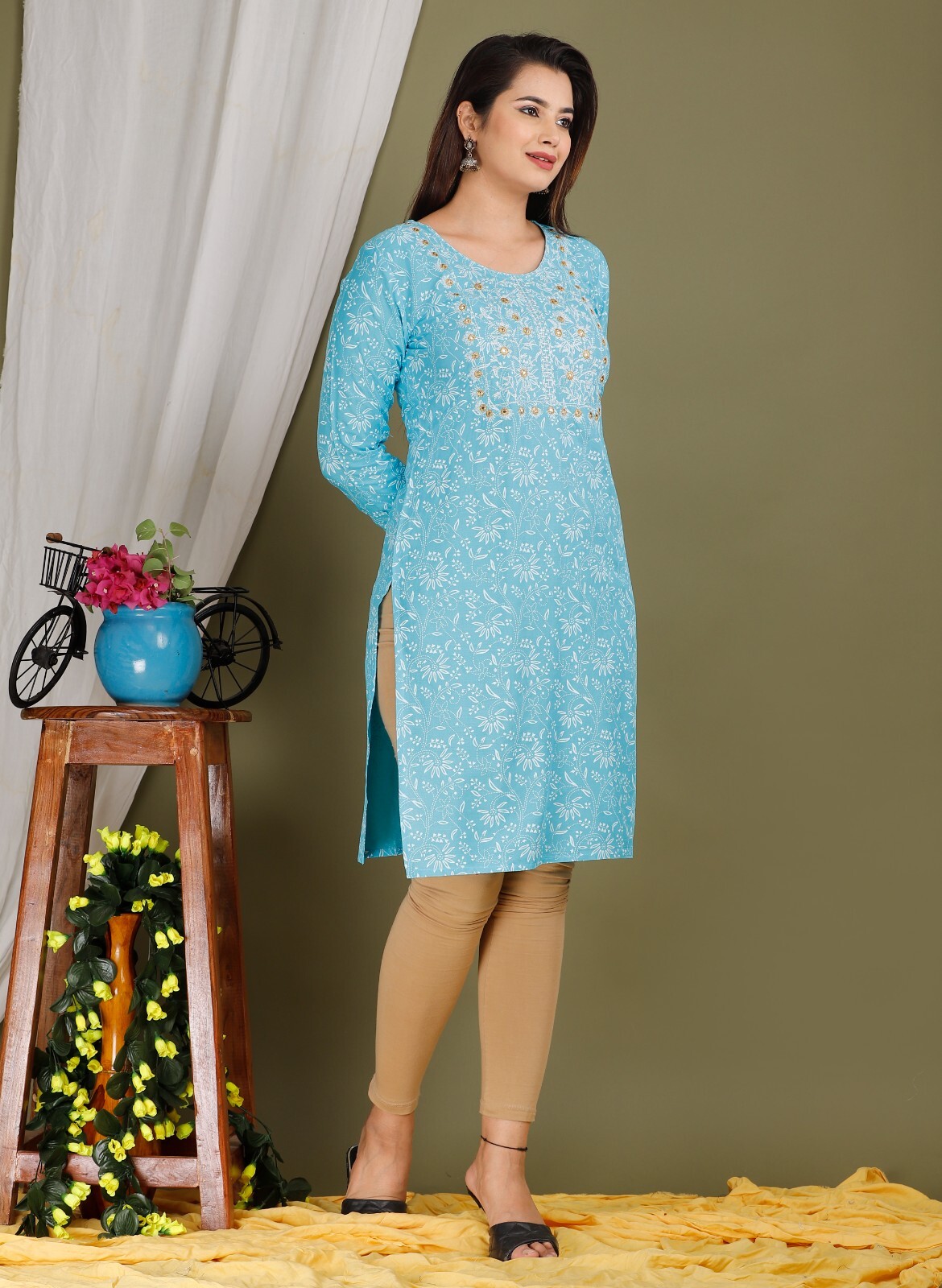 Calf length Rayon Fabric Printed Straight Cut Blue Embroidered Traditional Kurta