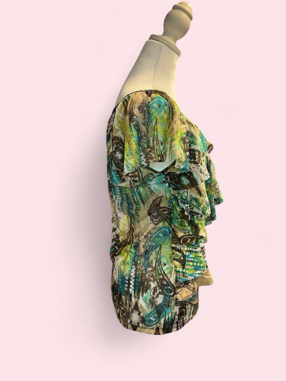 AB Studio Multicolor Abstract Ruffle Scoop Neck Chiffon Blouse Size S