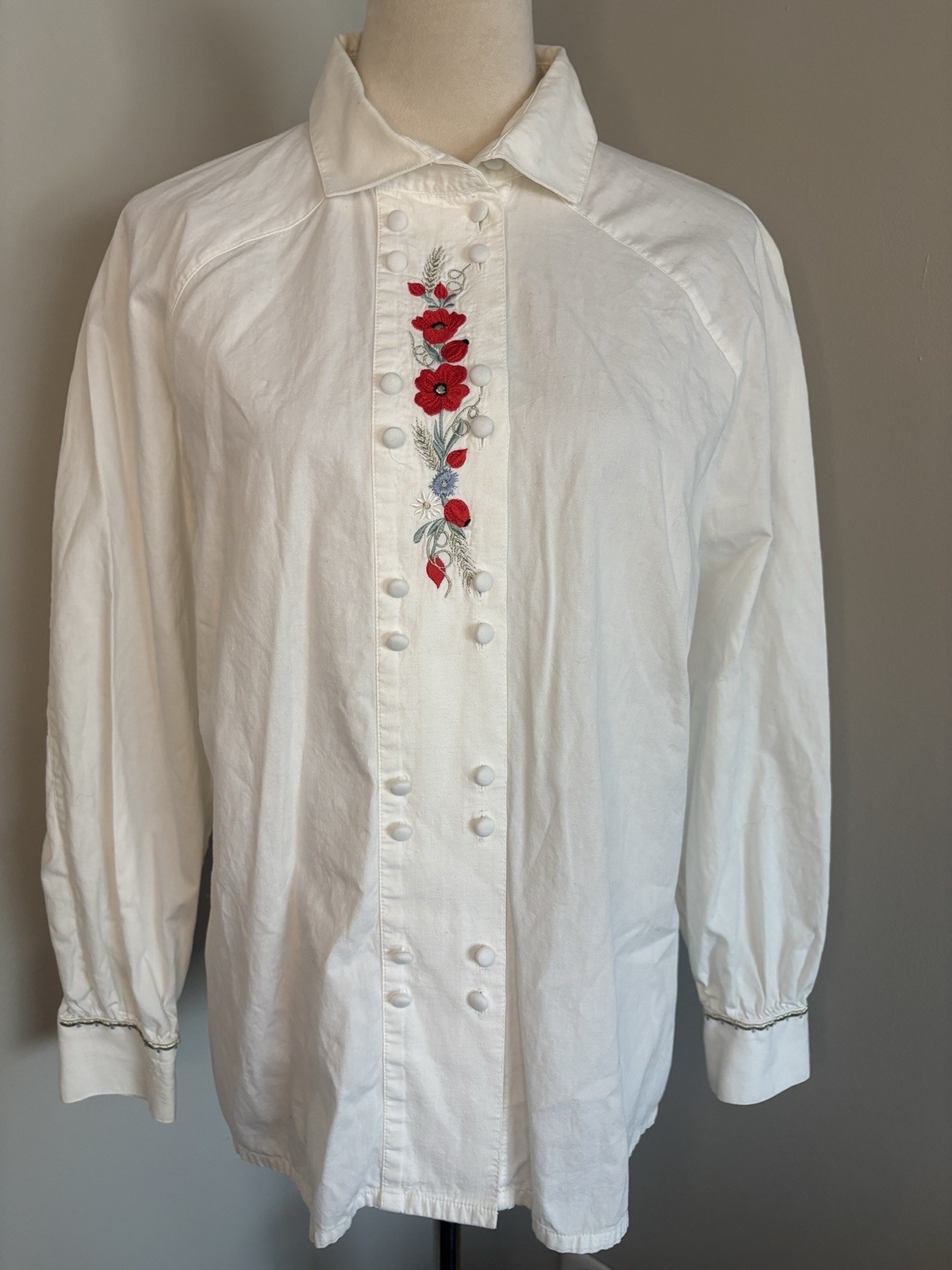 VTG 80s Julius Lang White Embroidered Trachten Folk Blouse Austrian Sz 42 Large