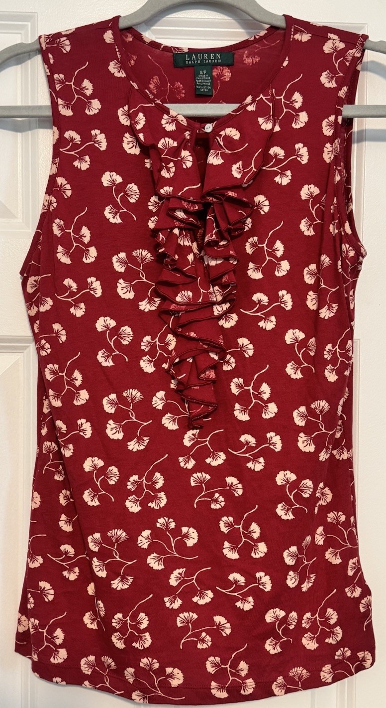 Lauren Ralph Lauren Scarlet Red White Ginkgo Leaf Ruffle Sleeveless Top Small