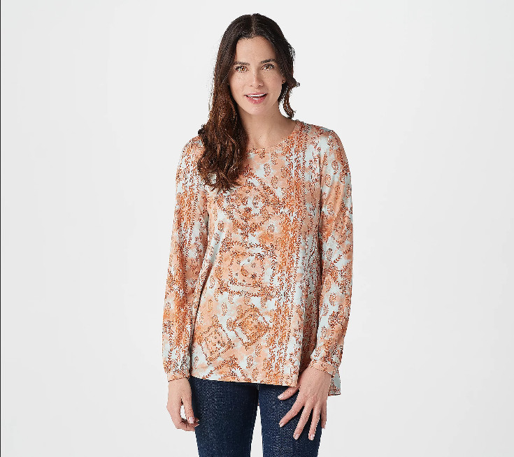 Lori Goldstein Print Rayon 230 Top with Sleeve Detail-Papaya-Small-A374444-NEW