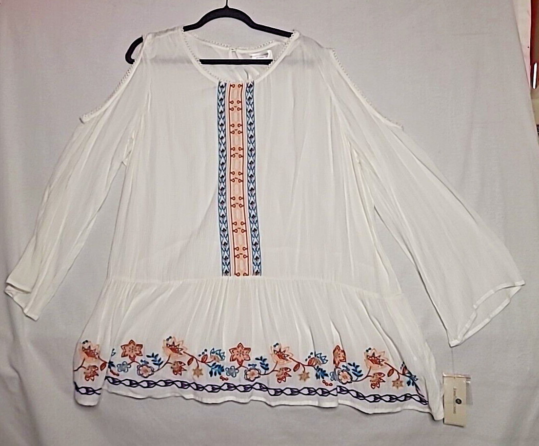 NWT 2X Large John Paul Richard White Sheer Top Blouse Embroidered Tribal Floral