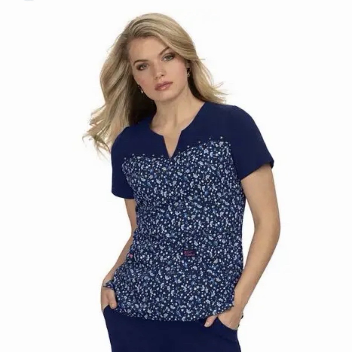 Betsey Johnson X KOI Dark Blue Dandelion Scrub Top Ditsy Floral Print Sz XL