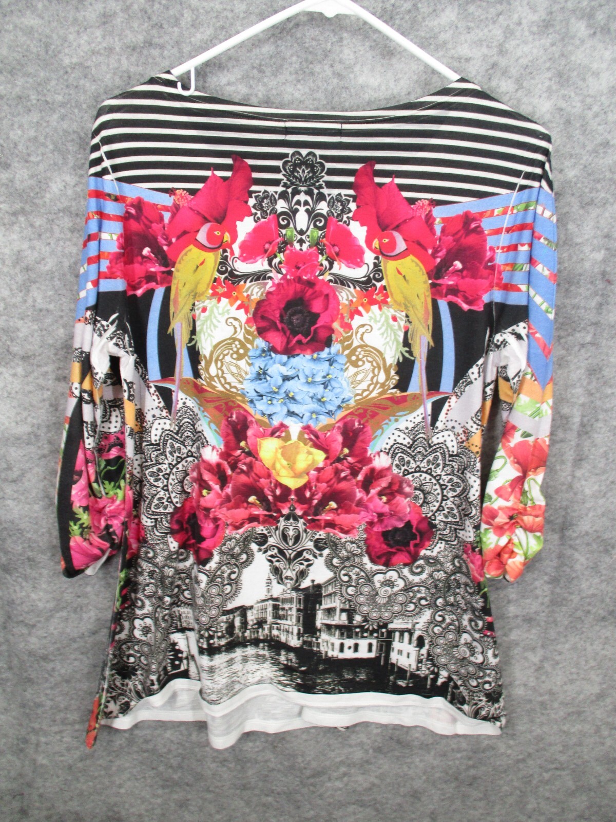 Valerie Stevens Women’s Top Medium Flowy Scoop Neck Striped Floral Stretch Black