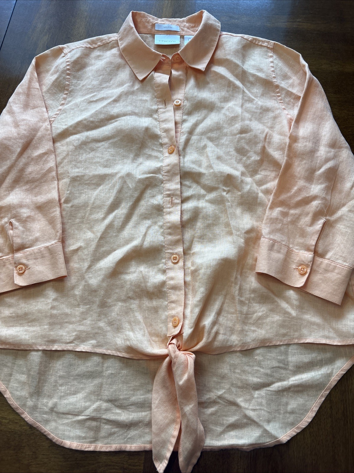 Chico’s Top 0 Orange Button Down No Iron Cotton Tie Front Shirt Blouse Small