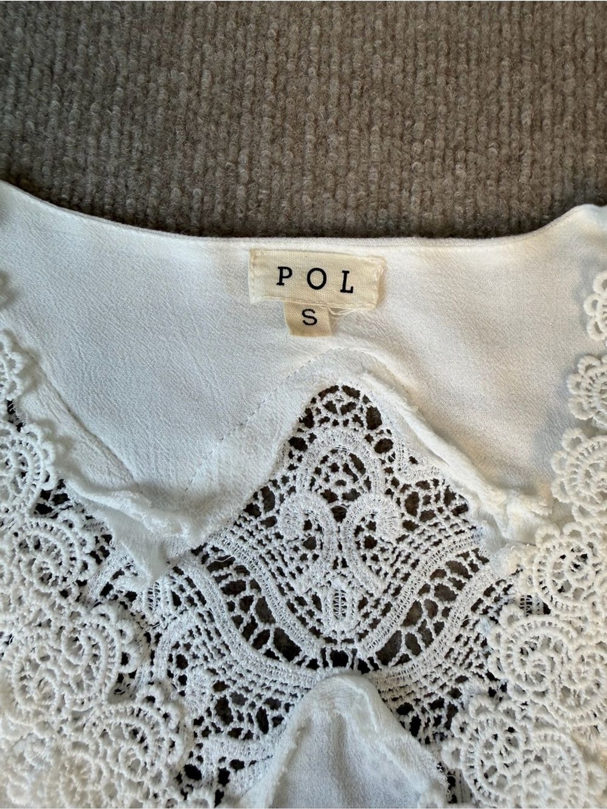 POL White Lace-Trim Boho Blouse Intricate Lace Trim Romantic Peasant Y2K