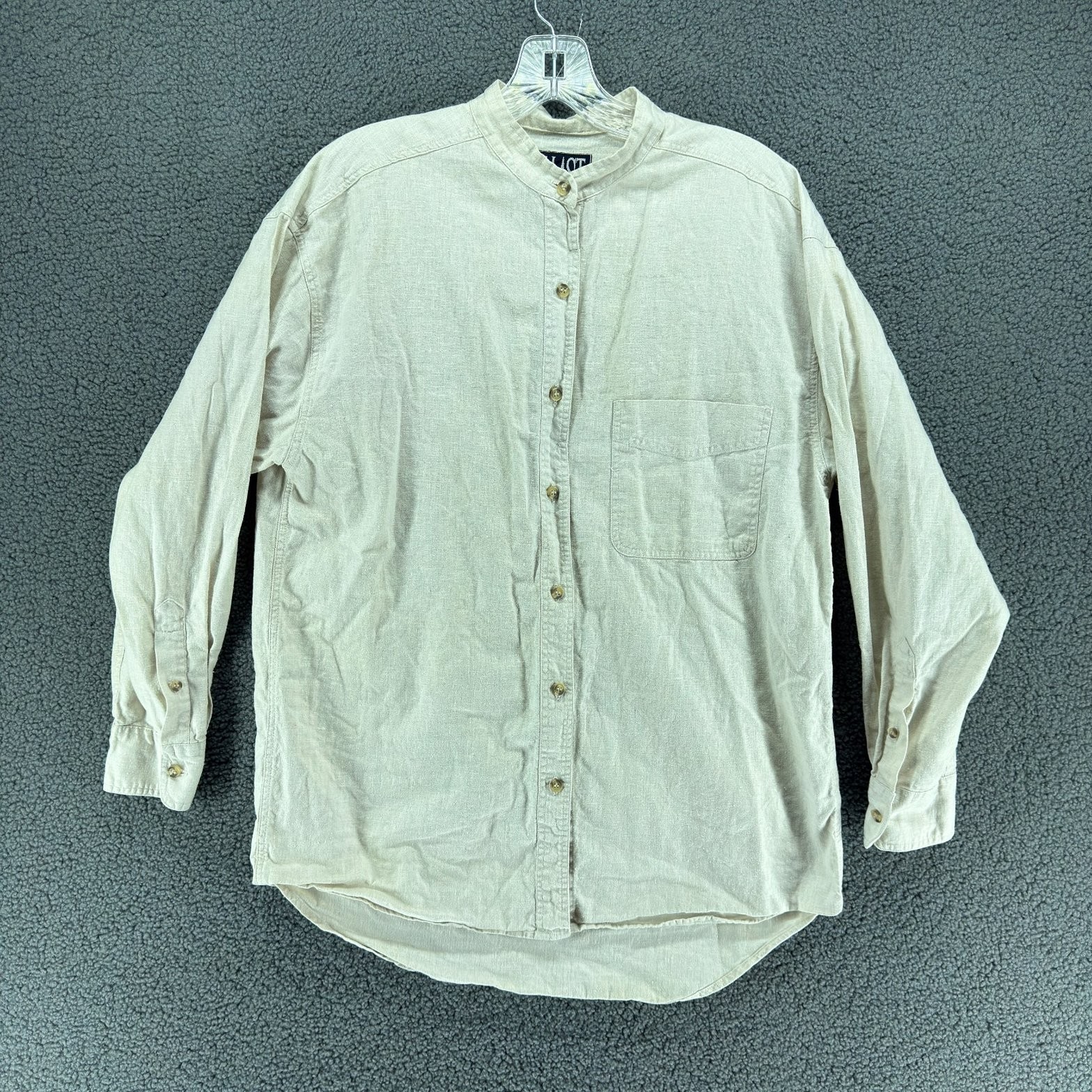 At Last New York Shirt Womens M Beige Linen Blend Band Collar Button Front