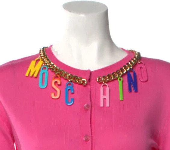 Moschino Couture BARBIE PINK Logo Letter Gold Chain Cardigan Sweater SMALL S