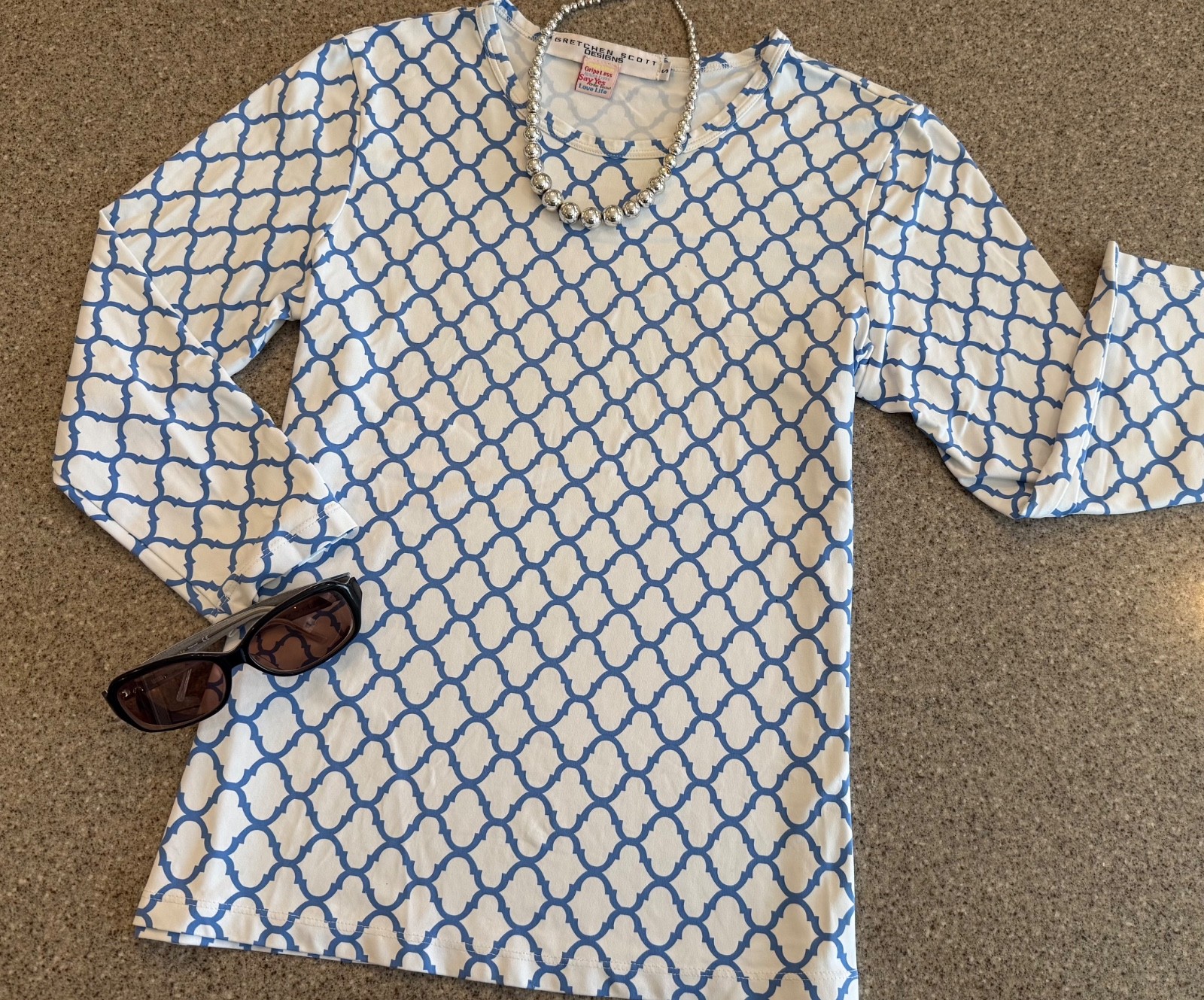 GRETCHEN SCOTT White/Blue Geometric Print Round Neck Jersey Top Sz S