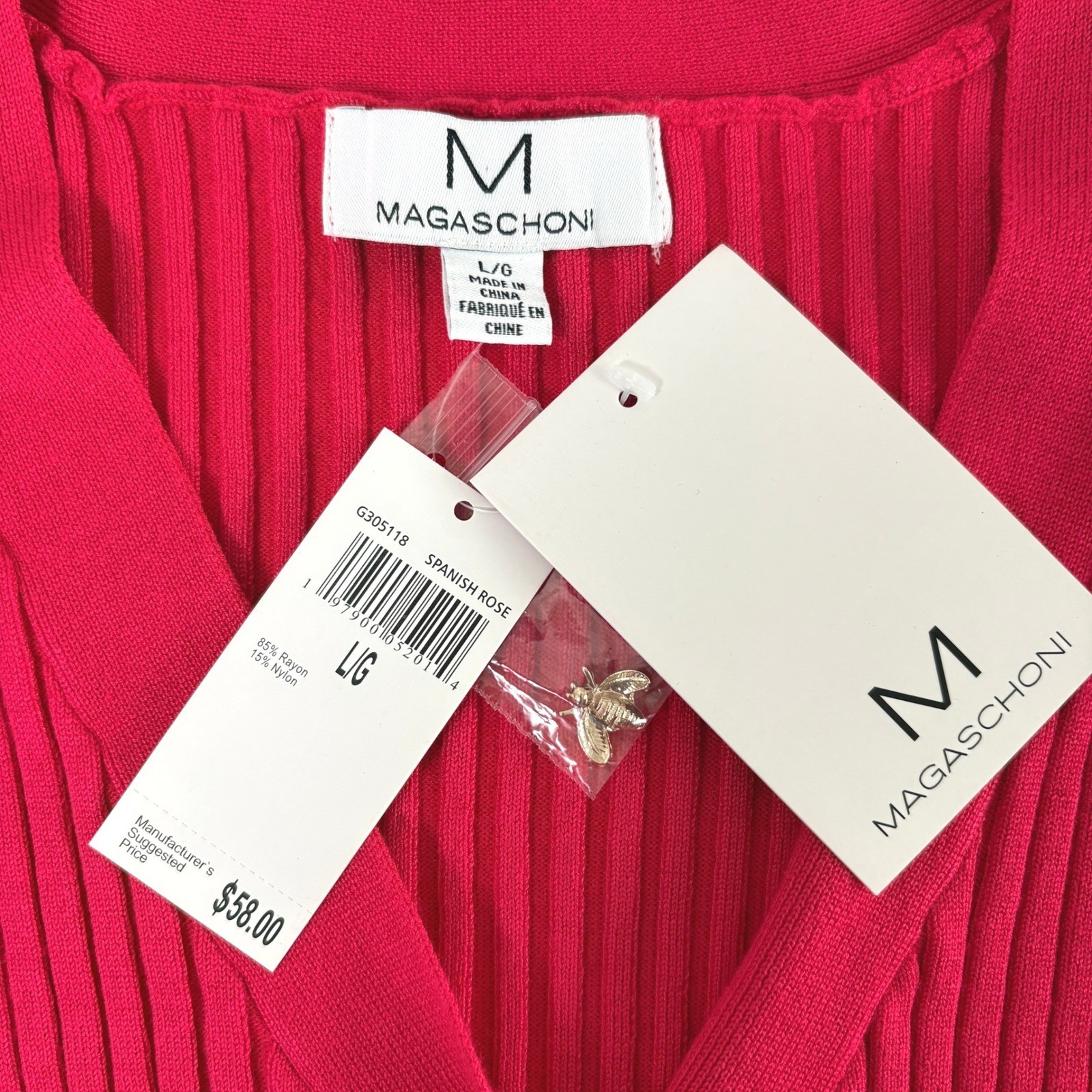 Magaschoni Ribbed Knit Top Womens L Spanish Rose Red Bee Button Short Sleeve NWT