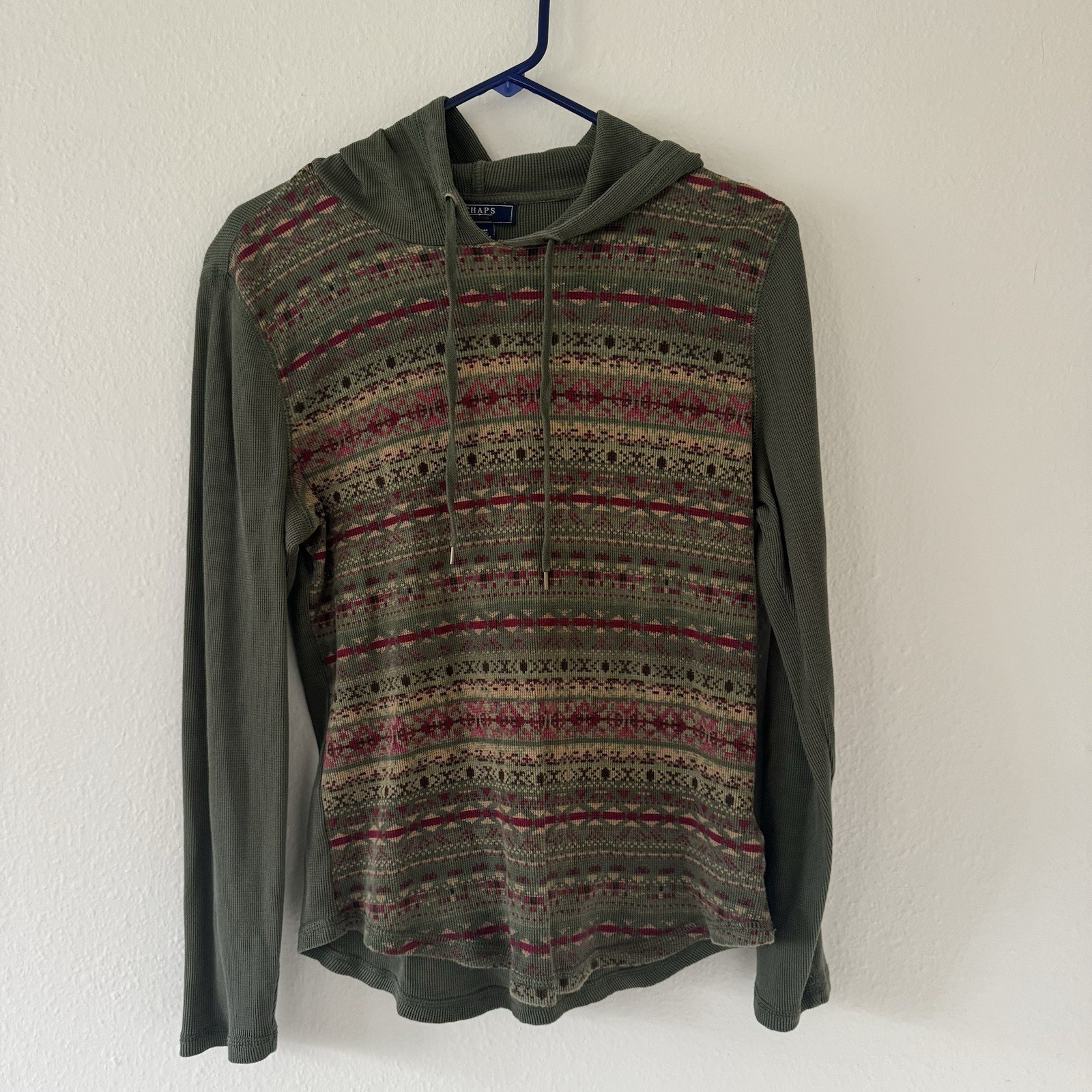 Chaps Denim Thermal Knit Hoodie Top Sz M Olive Green Southwestern Aztec