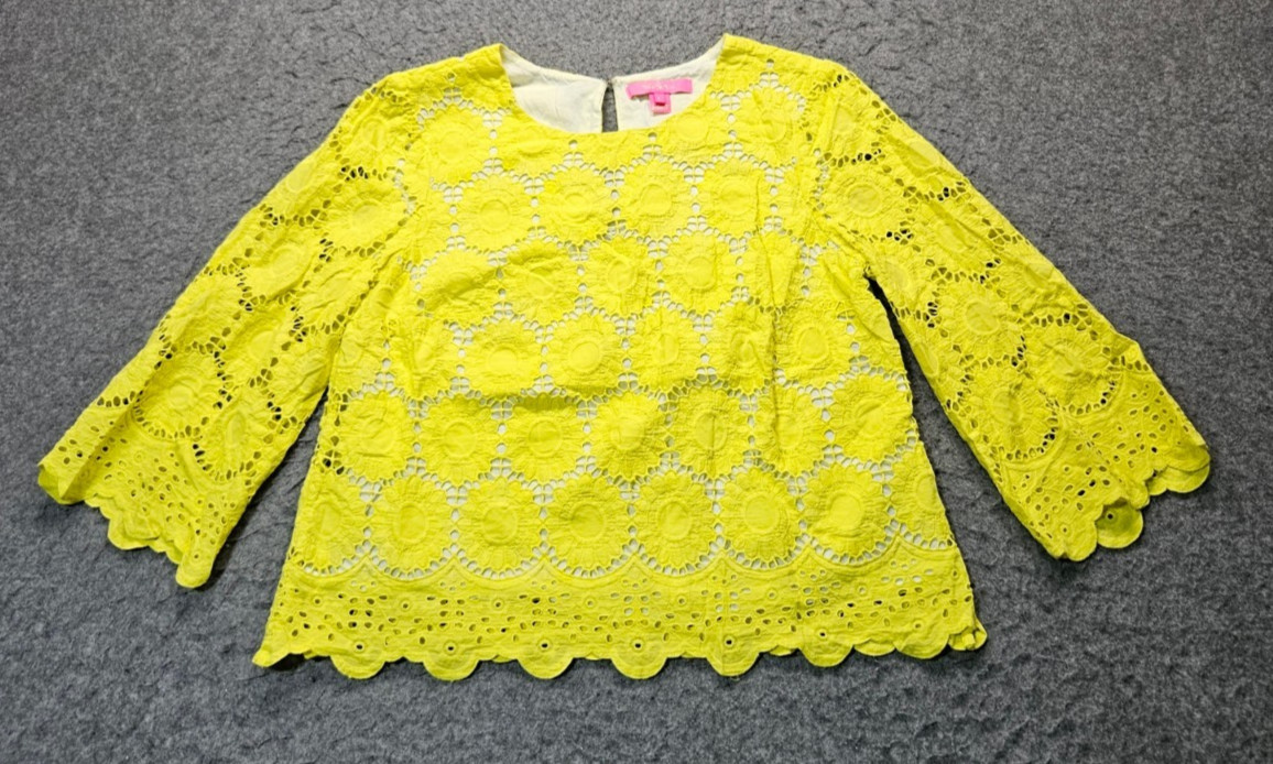 Lilly Pulitzer “Lily’s Lemon” yellow bell sleeves scalloped trim lined top LG