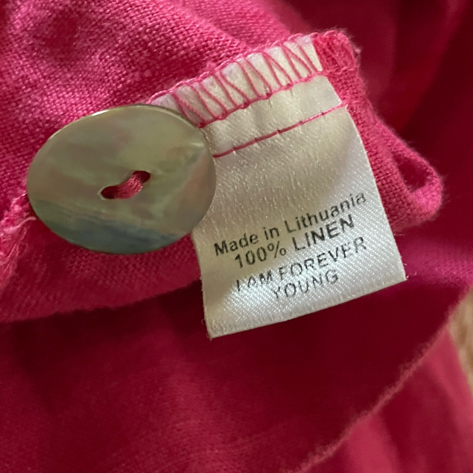 FLAX Size L Pink Linen Top V Neck Button Front 3/4 Sleeves
