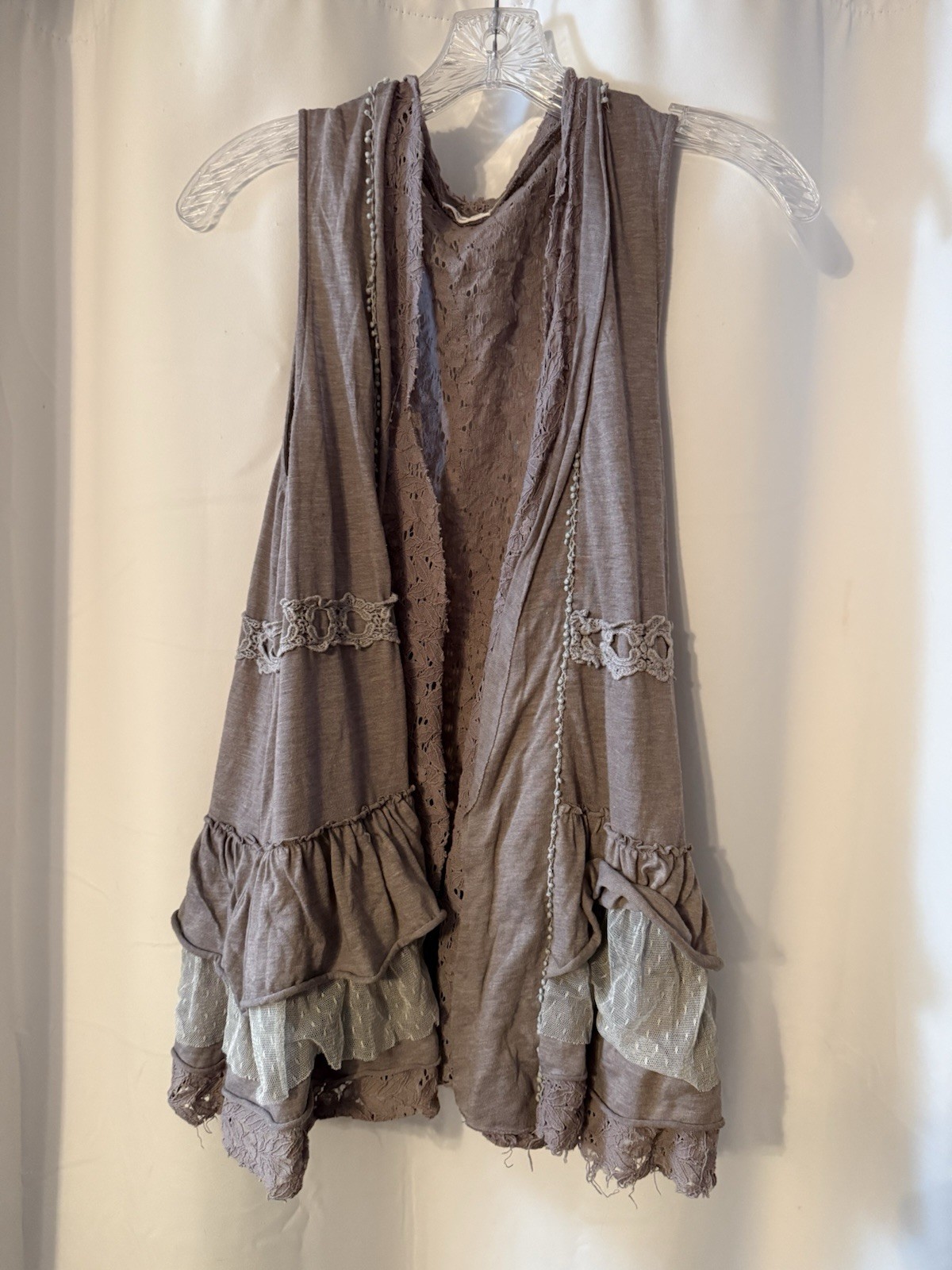 Blue Bird Womens M Open Embroidered Vest Gray Lace Layered Anthropologie (A101)