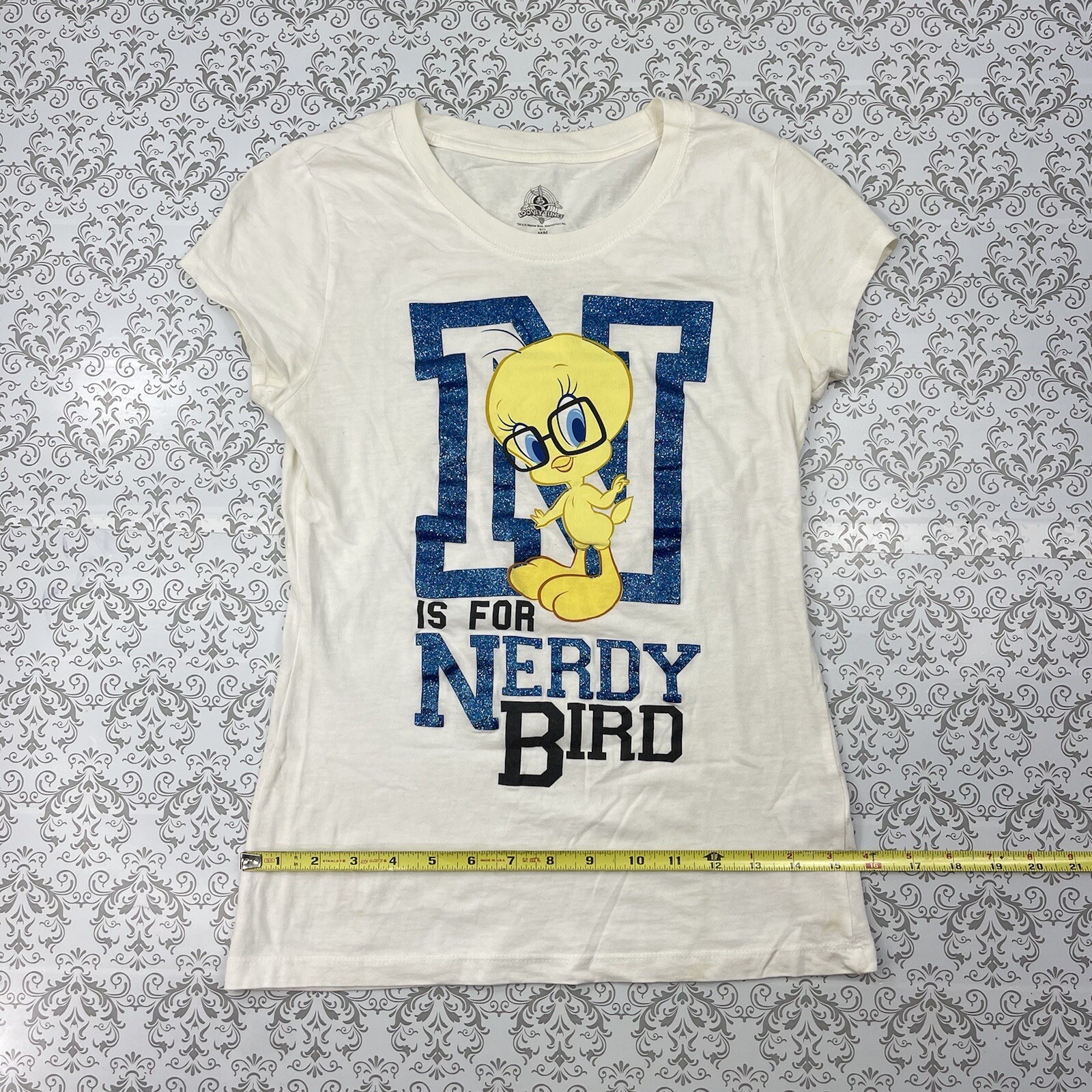 Warner Bros Tweety N is for Nerdy Bird Looney ToonWhite Glitter Top Shirt M 7/9