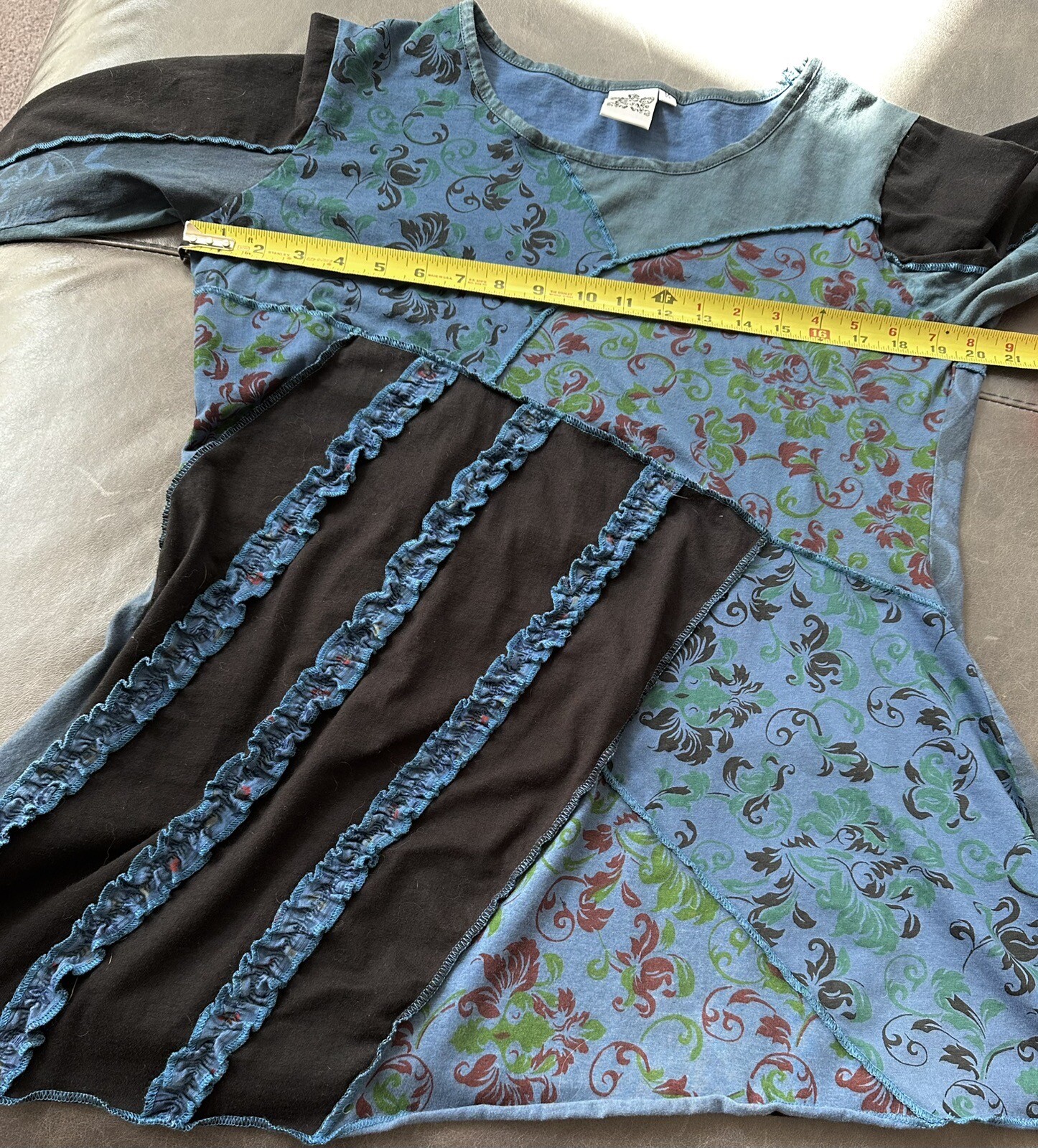 EUC Parsley & Sage Mixed Print Asymmetrical Top Lagenlook M Blue 100% Cotton