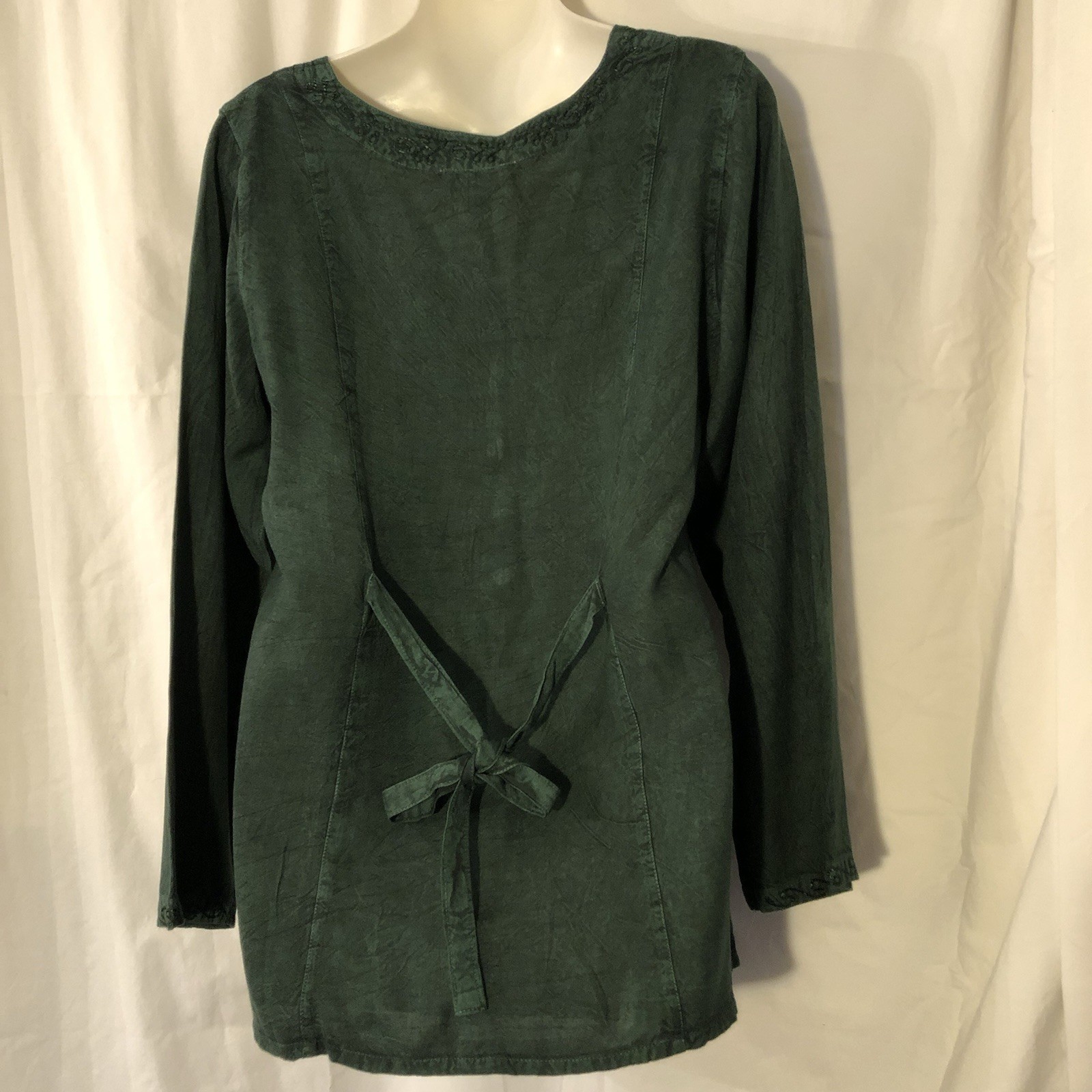Sakkas Green Embroidered Button Front Round Neck Long Sleeve Rayon Blouse L/XL