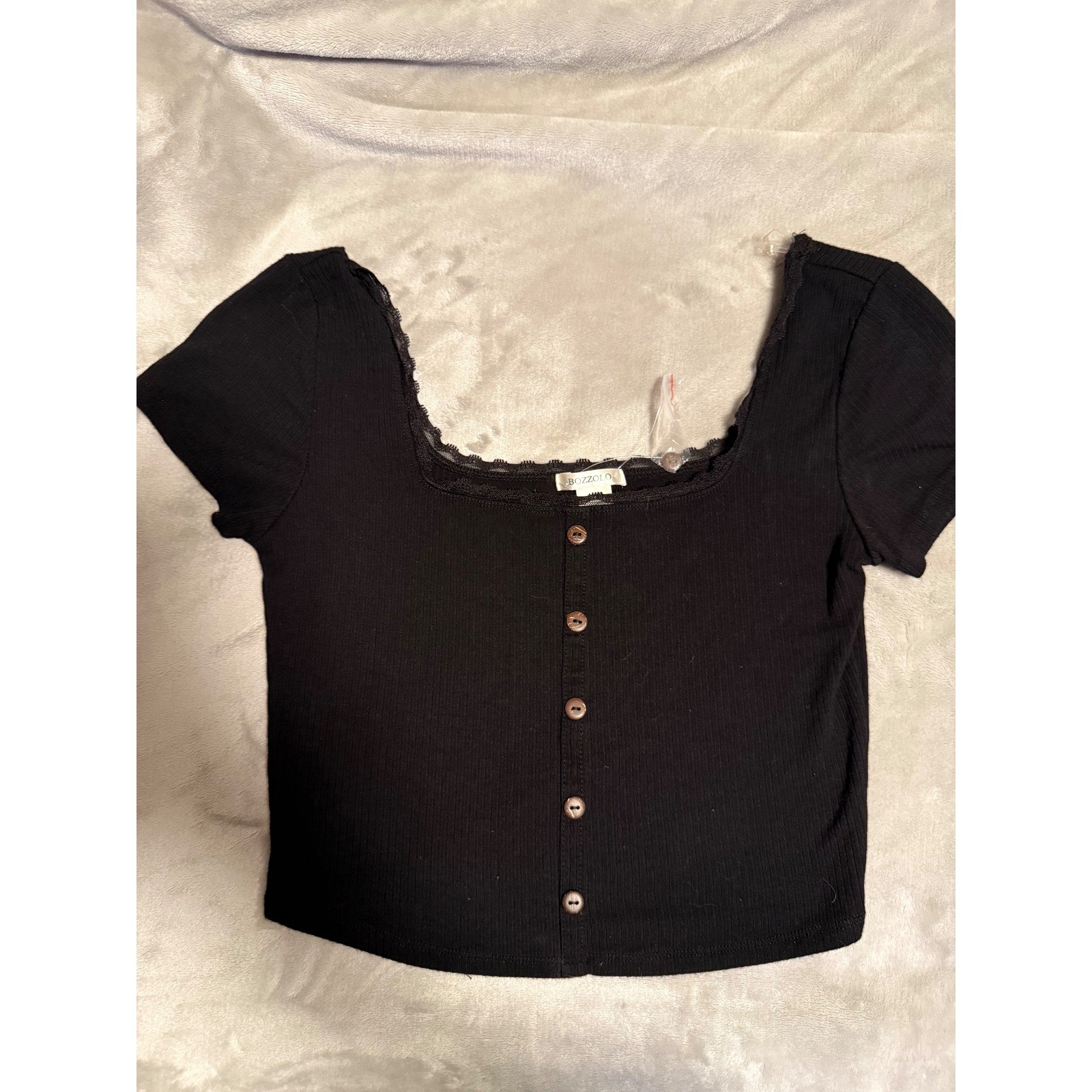 Bozzolo Black Ribbed Button Front Crop Top Lace Trim Size M New