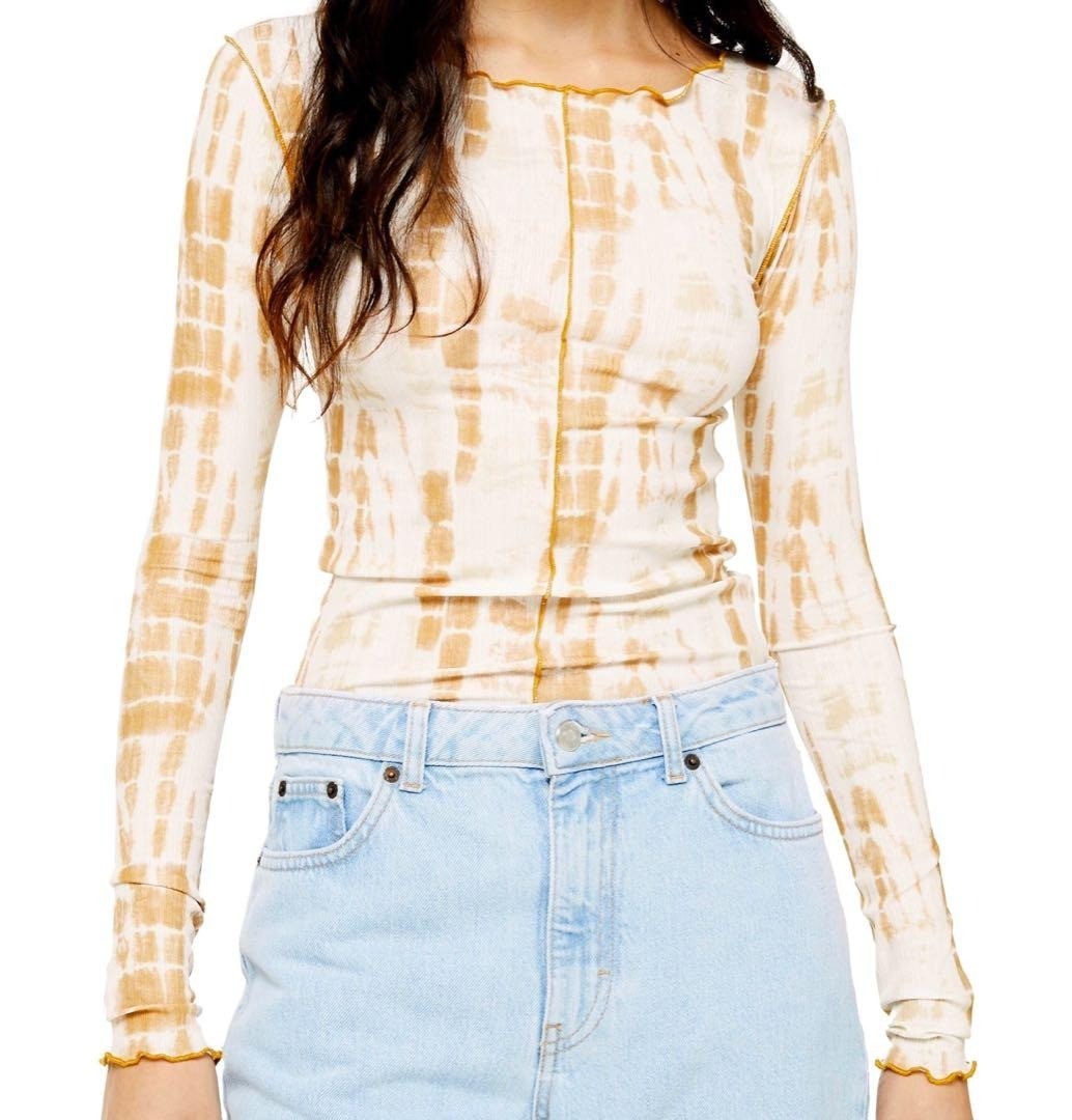 NEW Topshop Second Skin Tie Dye Cream Tan Lettuce Hem Long Sleeve Top US 6