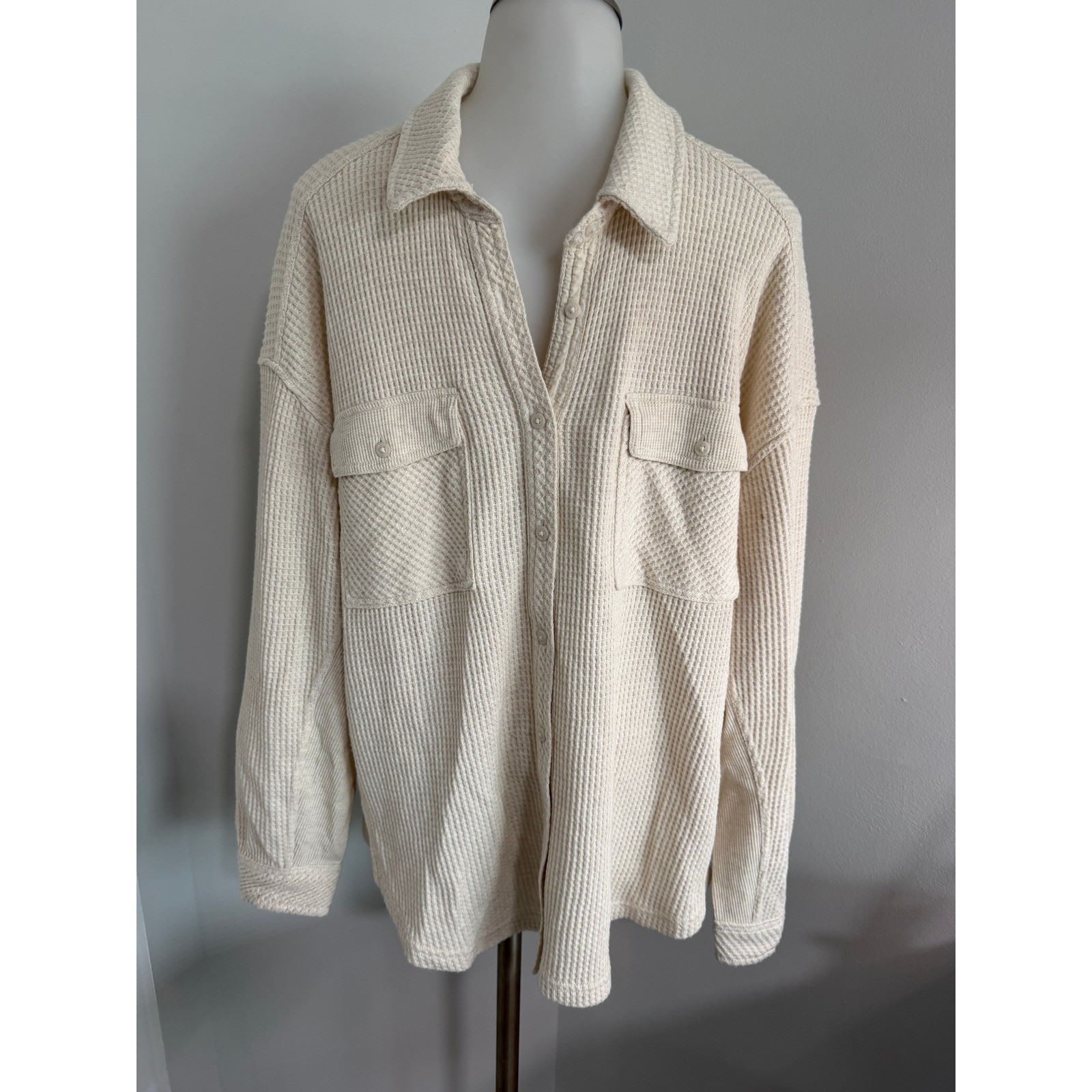 Aerie Cream Waffle Knit Button Down Shirt Oversized Shacket Thermal Cream Medium