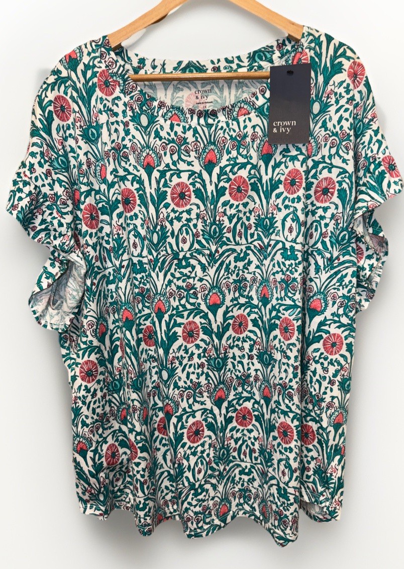 LOOK !! Crown & Ivy Women 2X Turquoise Pink Scroll Floral Flutter Sleeve Top NWT