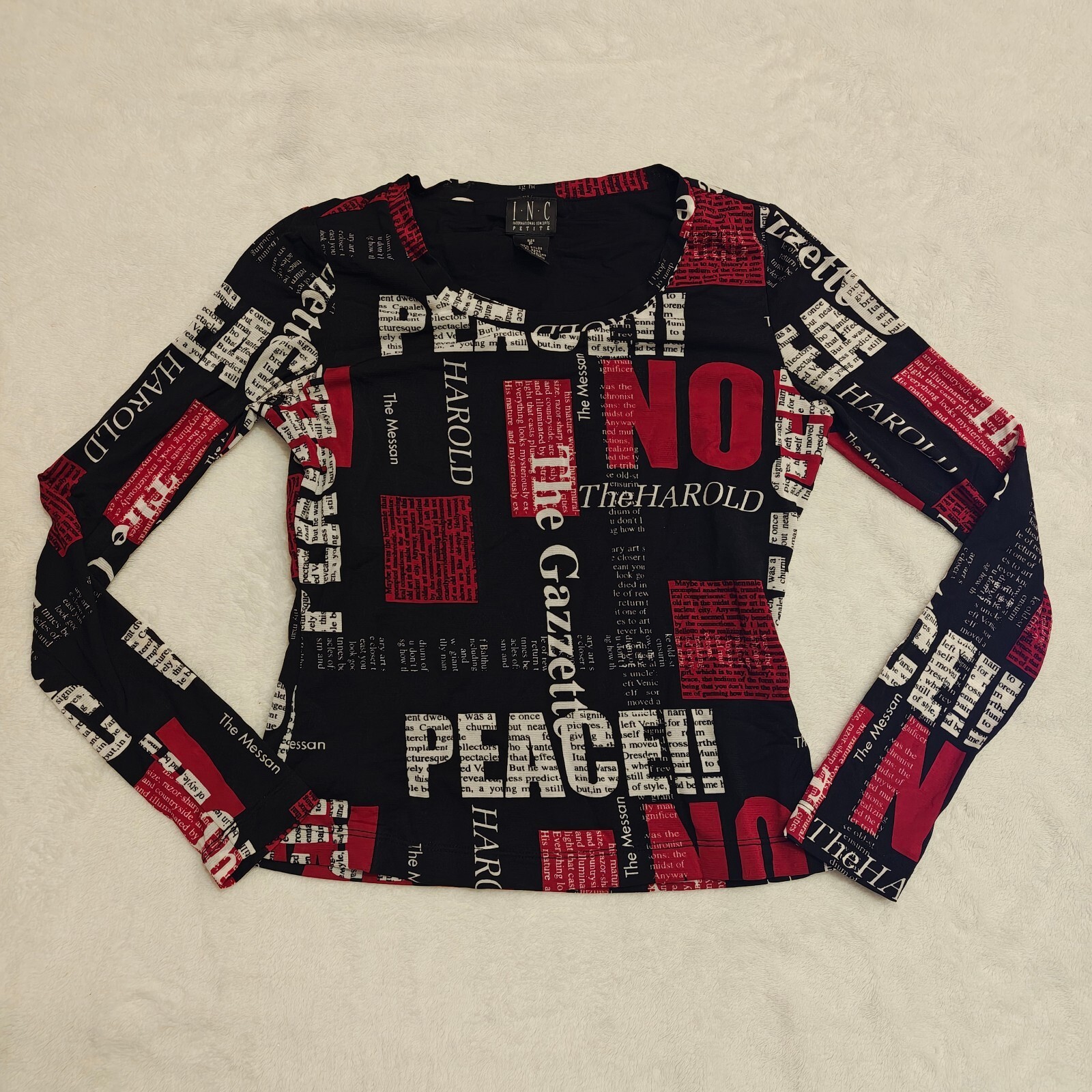 I.N.C Petite Black and Red Graphic Newspaper Print Long Sleeve Mesh Top