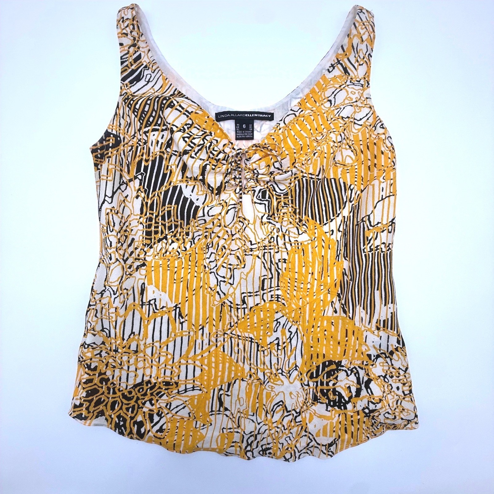 Linda Allard Ellen Tracy Yellow Black Silk Tank Top Blouse Size 6 Luxury