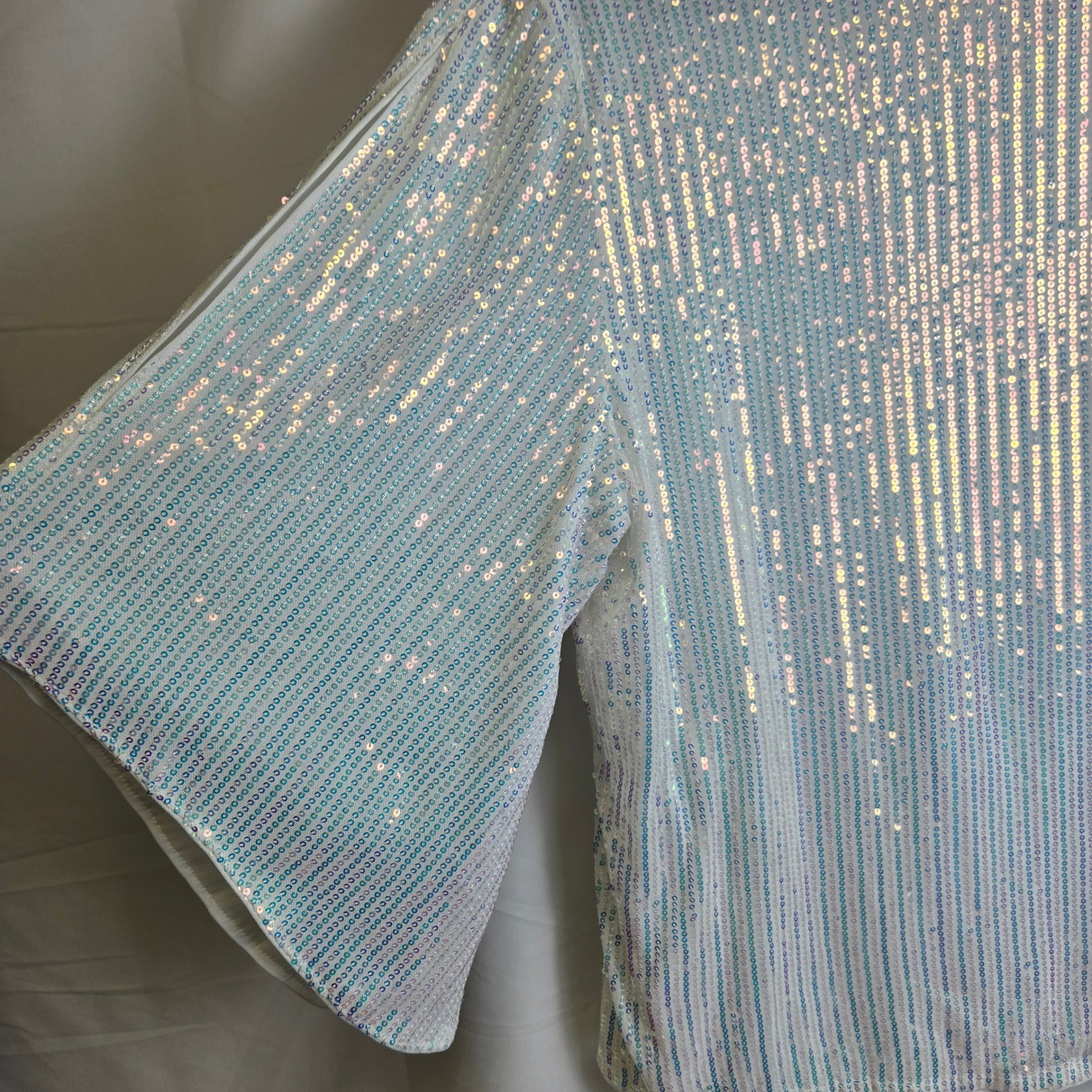 Grace Karin Sparkly Sequin Top 3/4 Bell Sleeves Surplice Neckline White Blue 2XL