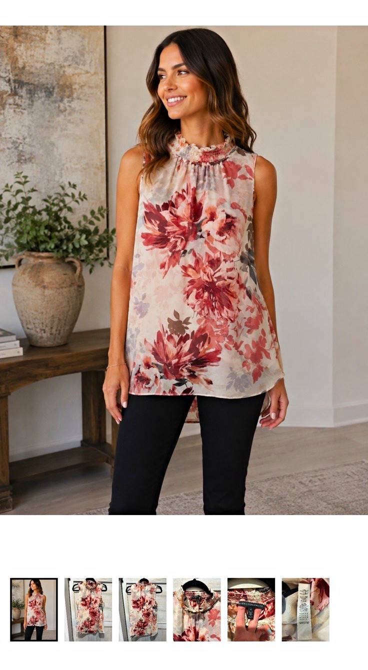 White House Black Market Women’s M Floral Chiffon Mock Neck Ruffle Blouse