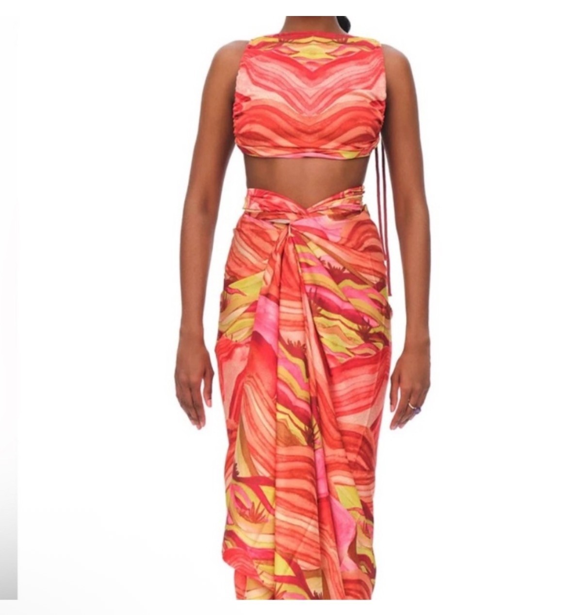 Andrea Iyamah Sunset Aiko Crop Top Red Yellow Backless High Neck Adjustable S/M