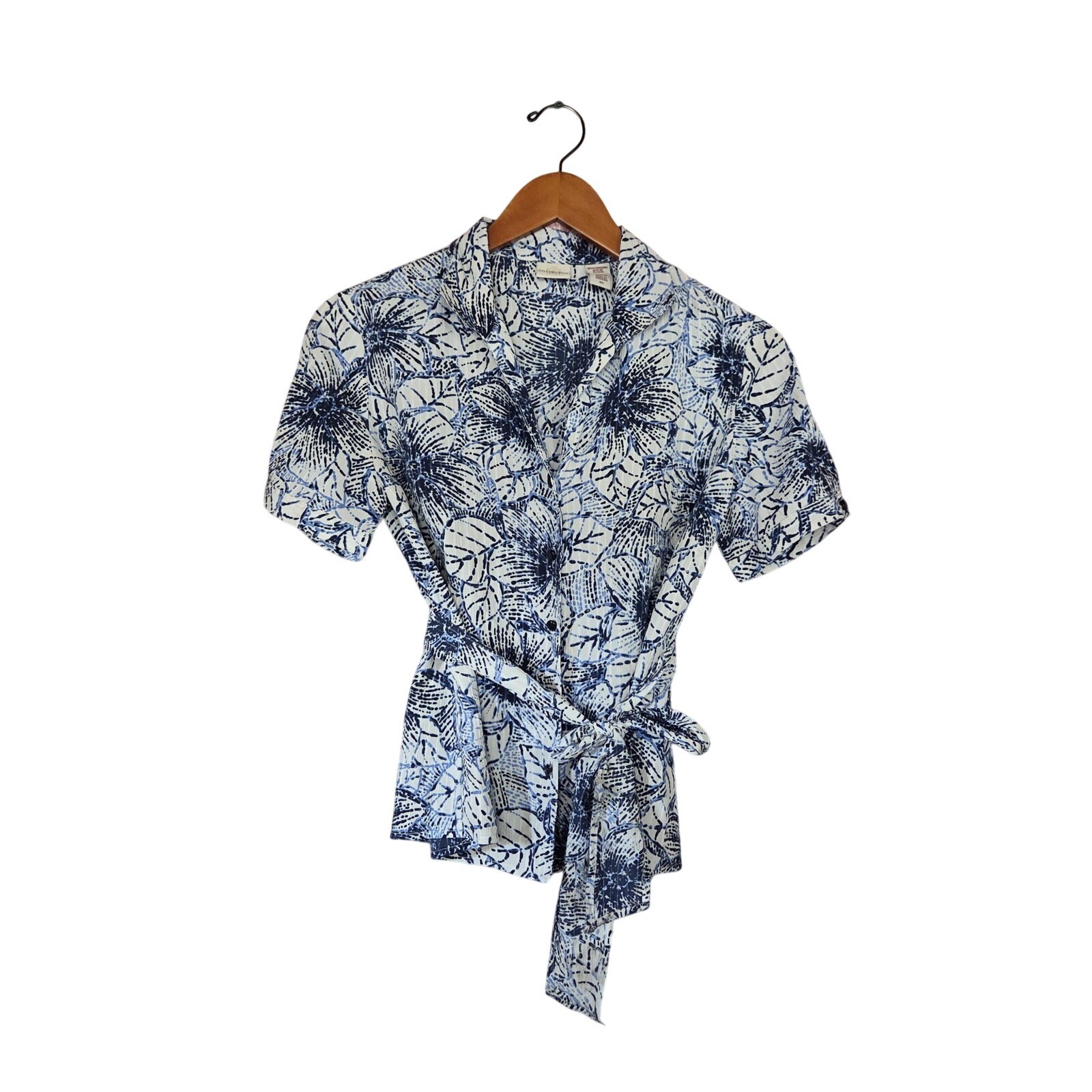 Covington Womens Blue White Tropical Floral Tie Waist Button Down Blouse Small