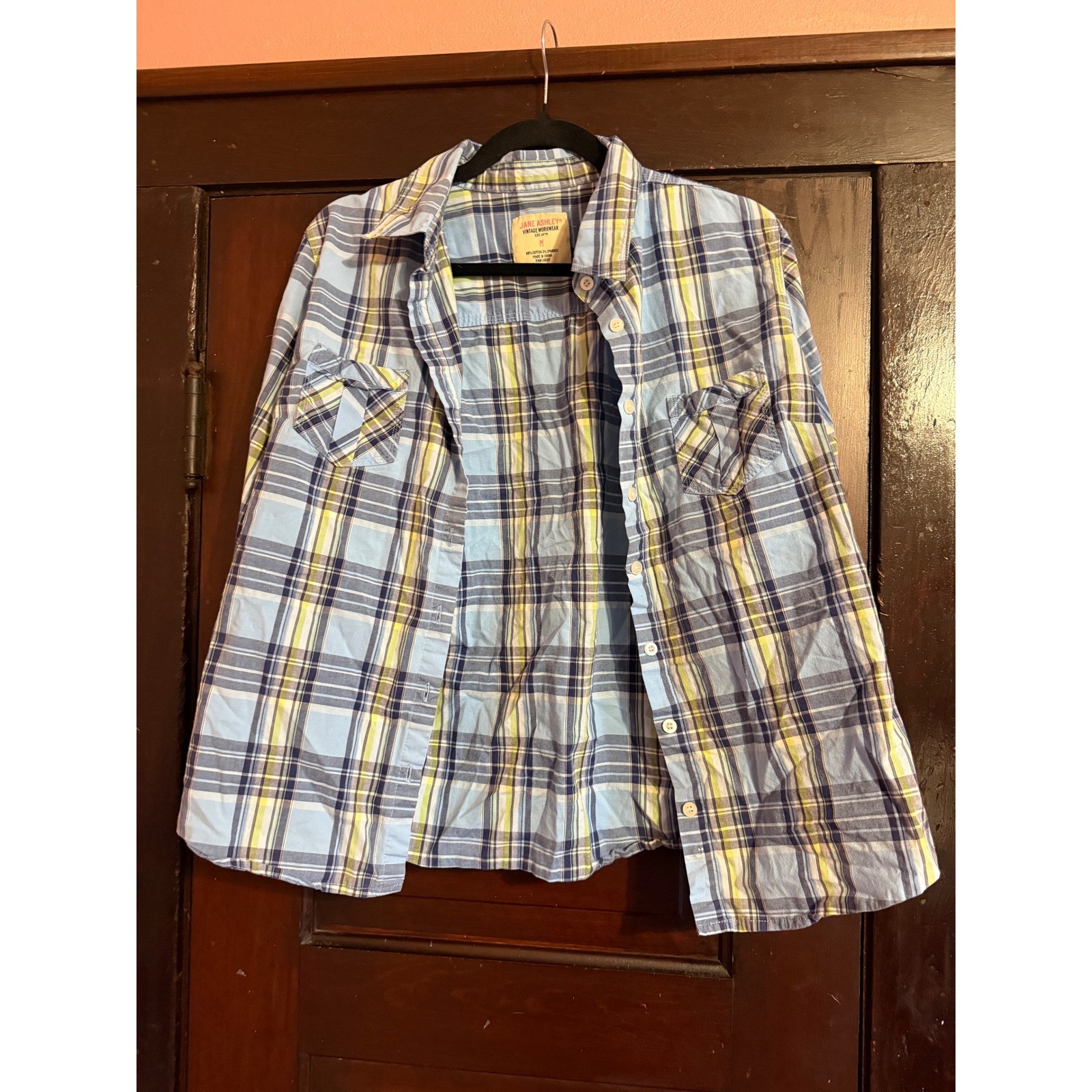 Jane Ashley Vintage Workwear Blue Plaid Button Down Shirt Womens Medium Cotton