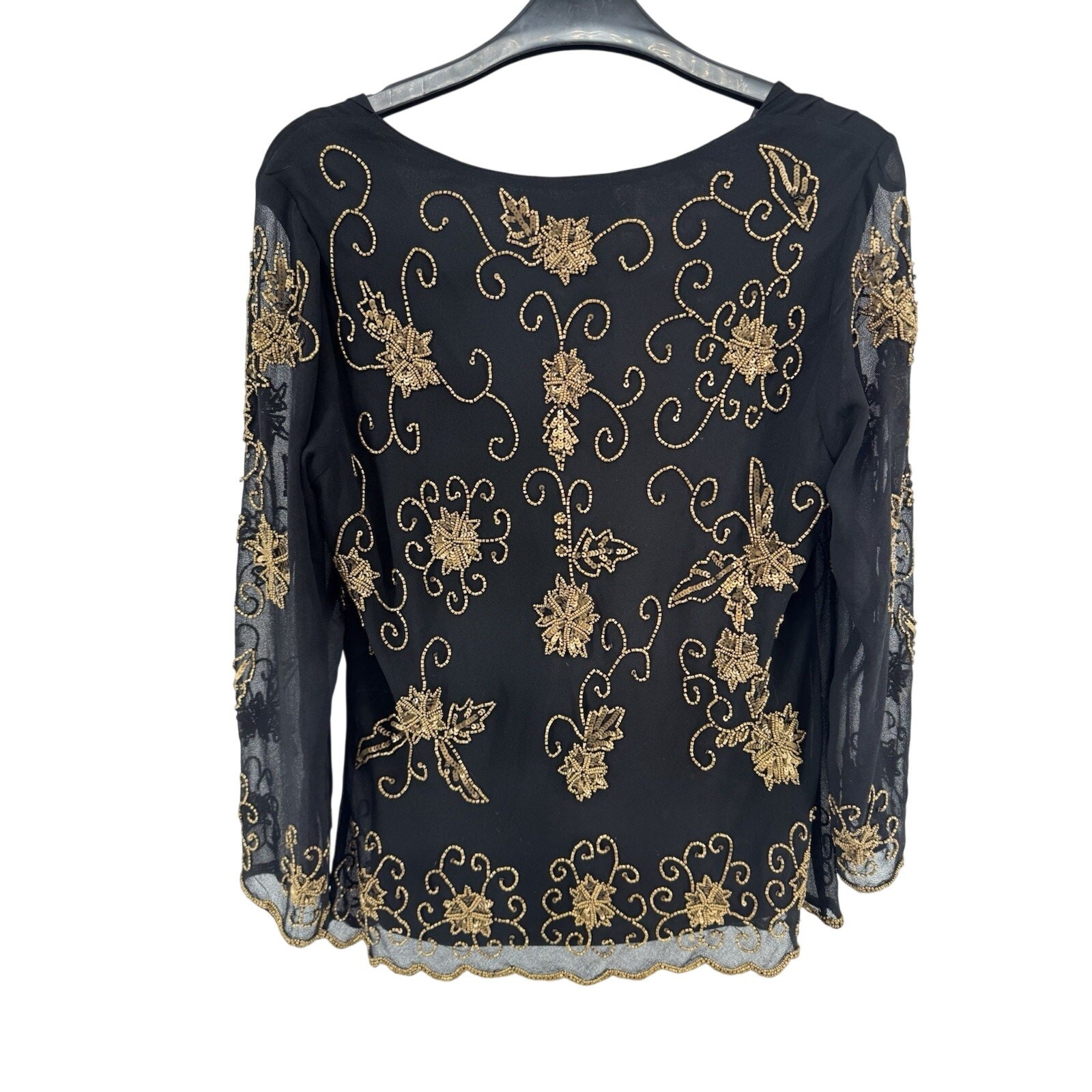 Jacques Vert Beaded Top Sheer Black Gold Beads Size 12 Vintage NWT Flaw