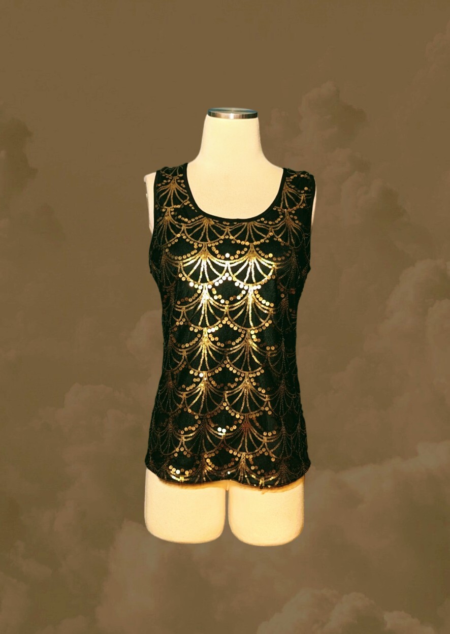 DRESSBARN Dressy Tank Top Black Gold SEQUIN Metallic Sleeveless Blouse PETITE M