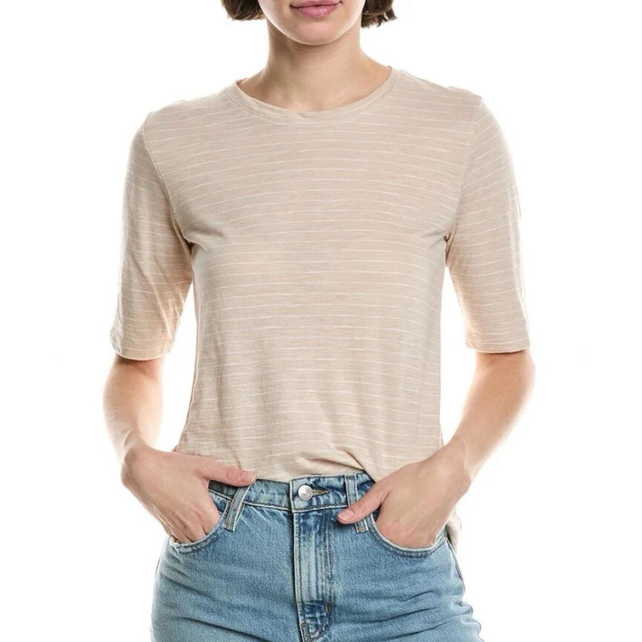 NWOT Women’s Vince Essential Elbow Length Sleeve Tee in Tan/White Stripe SZ S