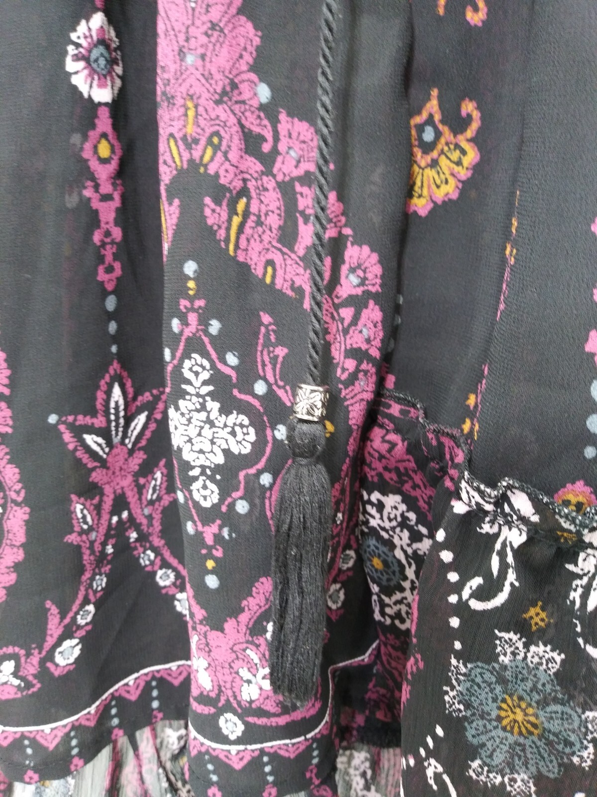 Knox Rose Women’s Size S Boho Tunic Sheer Tassel Ruffle Velvet Black Lace