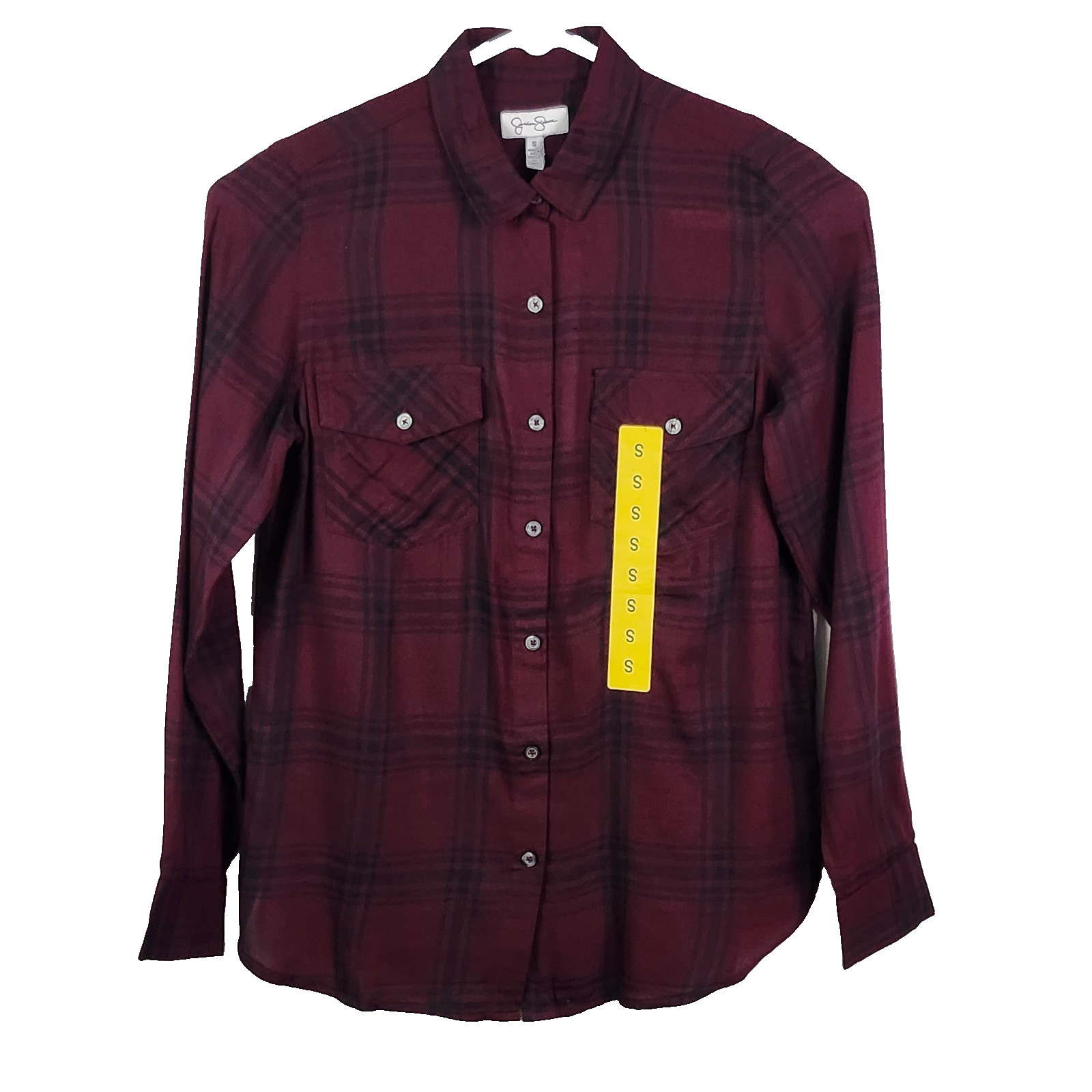 Jessica Simpson Women Long Sleeve Petunia Button UP Shirt Wine/Black Plaid Small